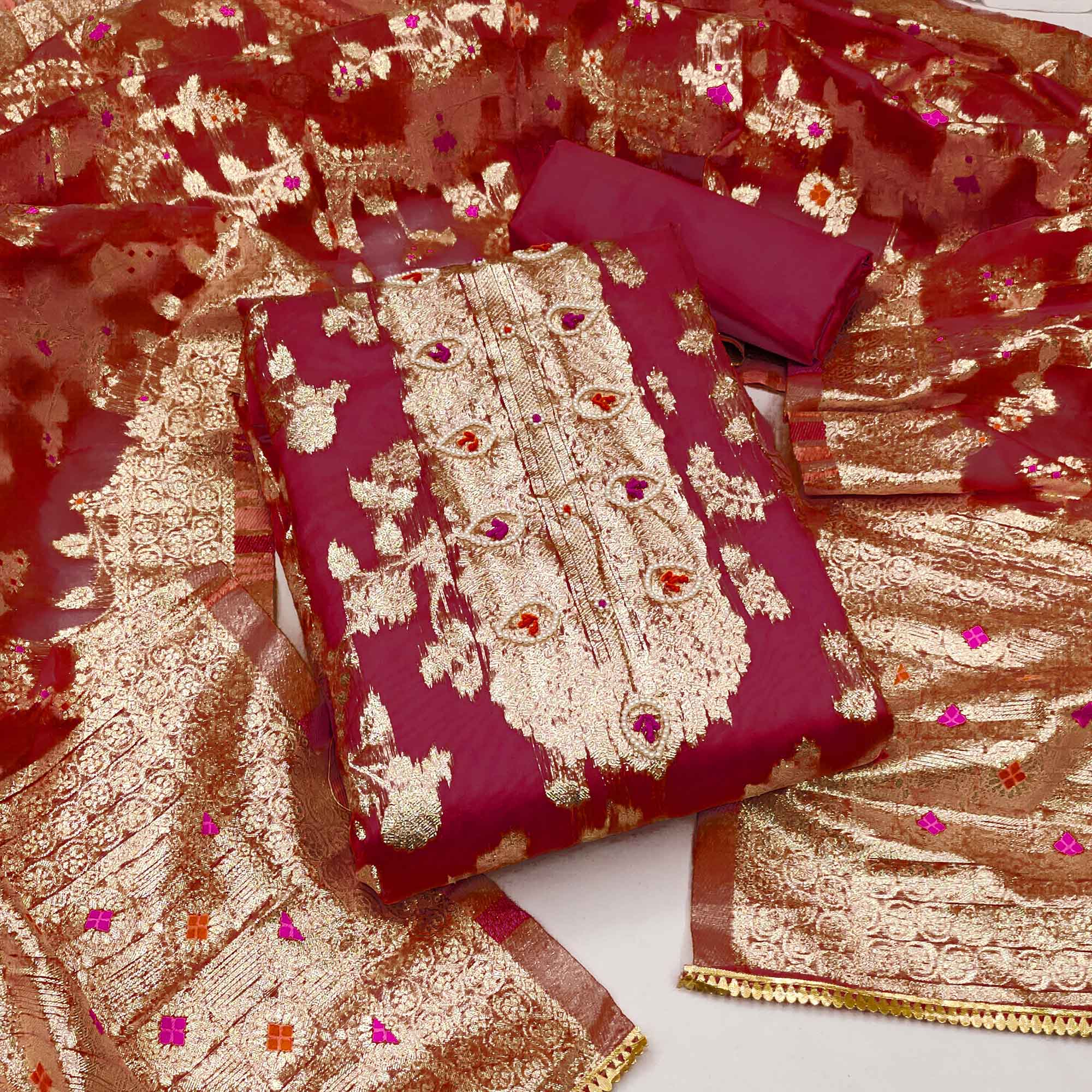 Maroon Woven Organza Dress Material