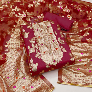 Maroon Woven Organza Dress Material