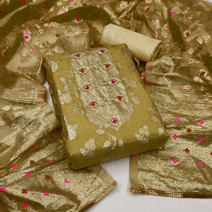 Olive Green Woven Organza Dress Material