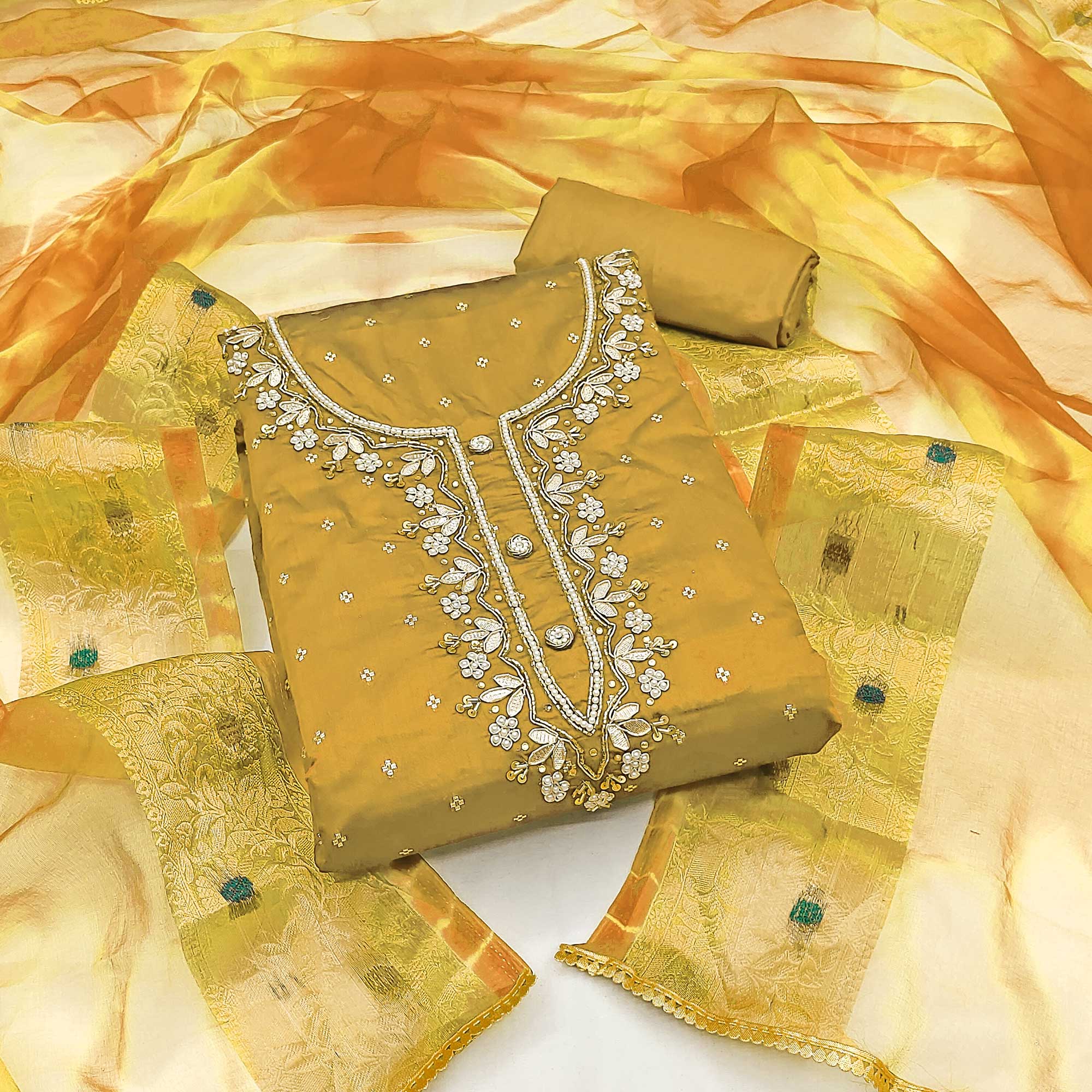 Yellow Woven Chanderi Silk Dress Material
