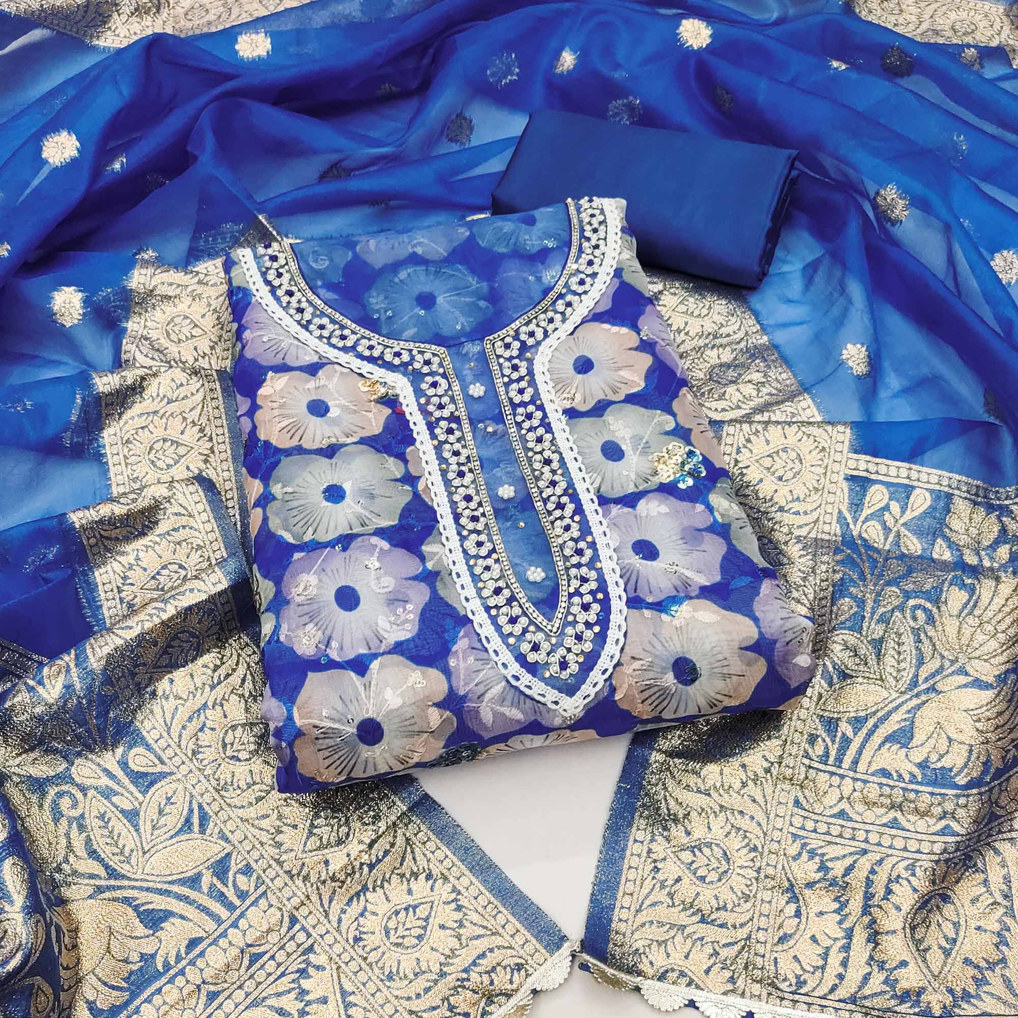 Blue Floral Printed With Embroidered Organza Dress Material
