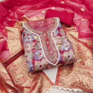 Pink Floral Printed With Embroidered Organza Dress Material