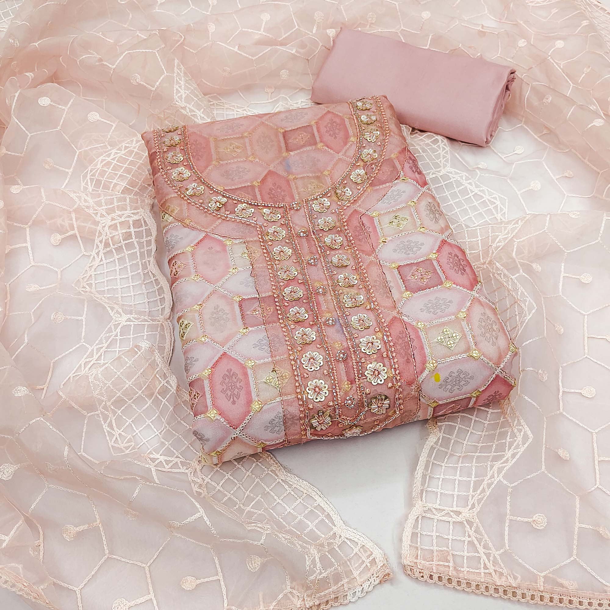 Peach Sequins Embroidered Organza Dress Material