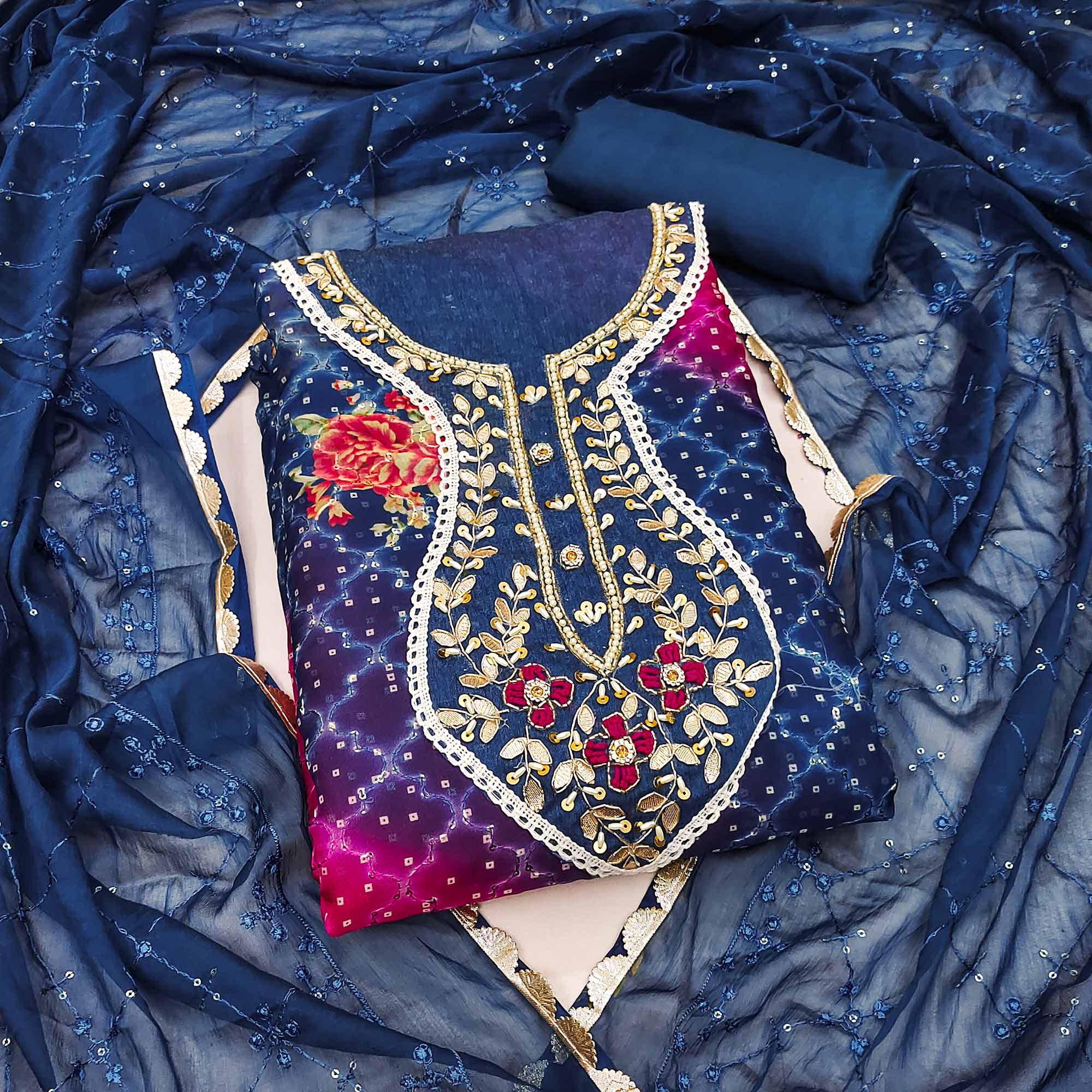 Blue & Pink Sequins Embroidered Organza Dress Material