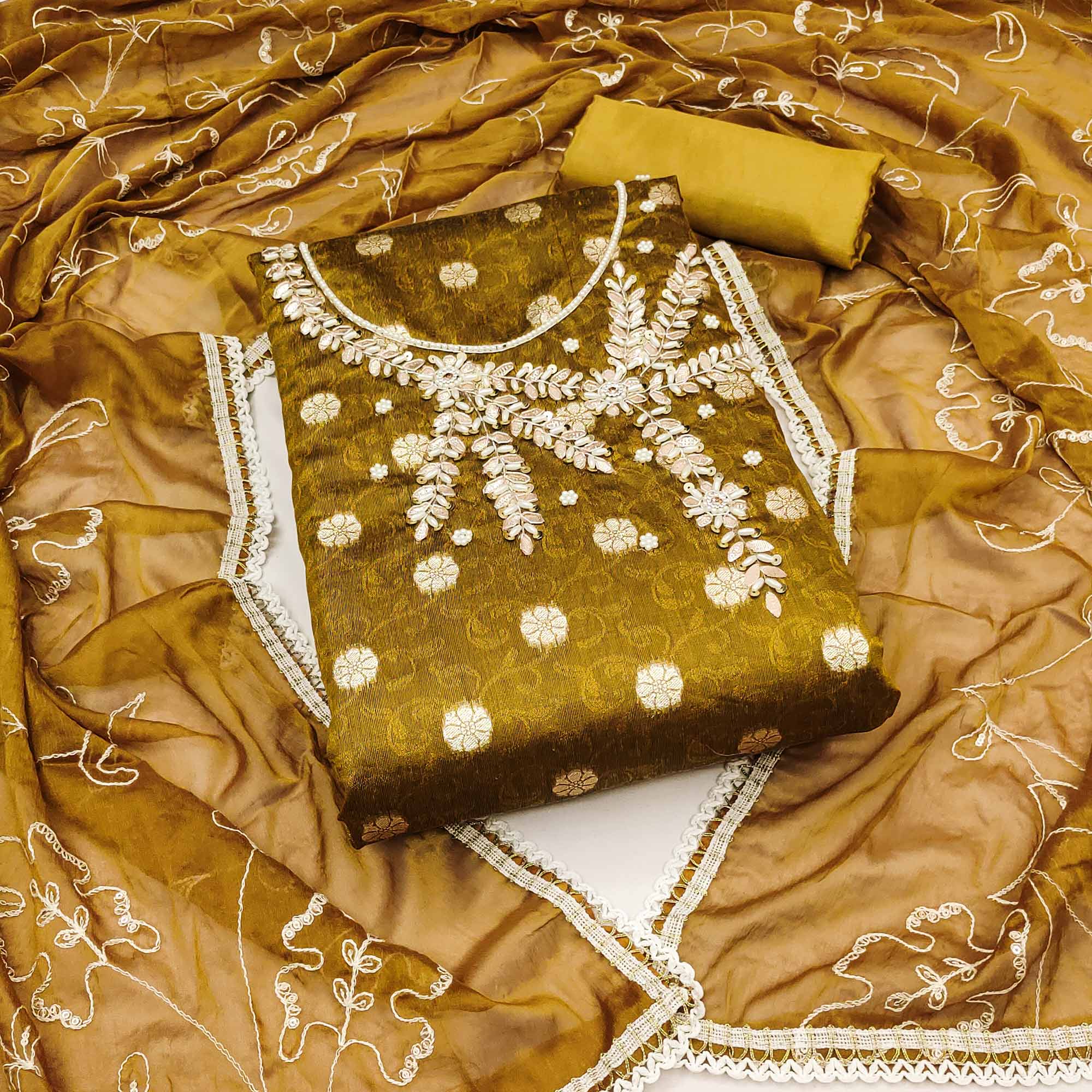 Mustard Woven Banarasi Silk Dress Material