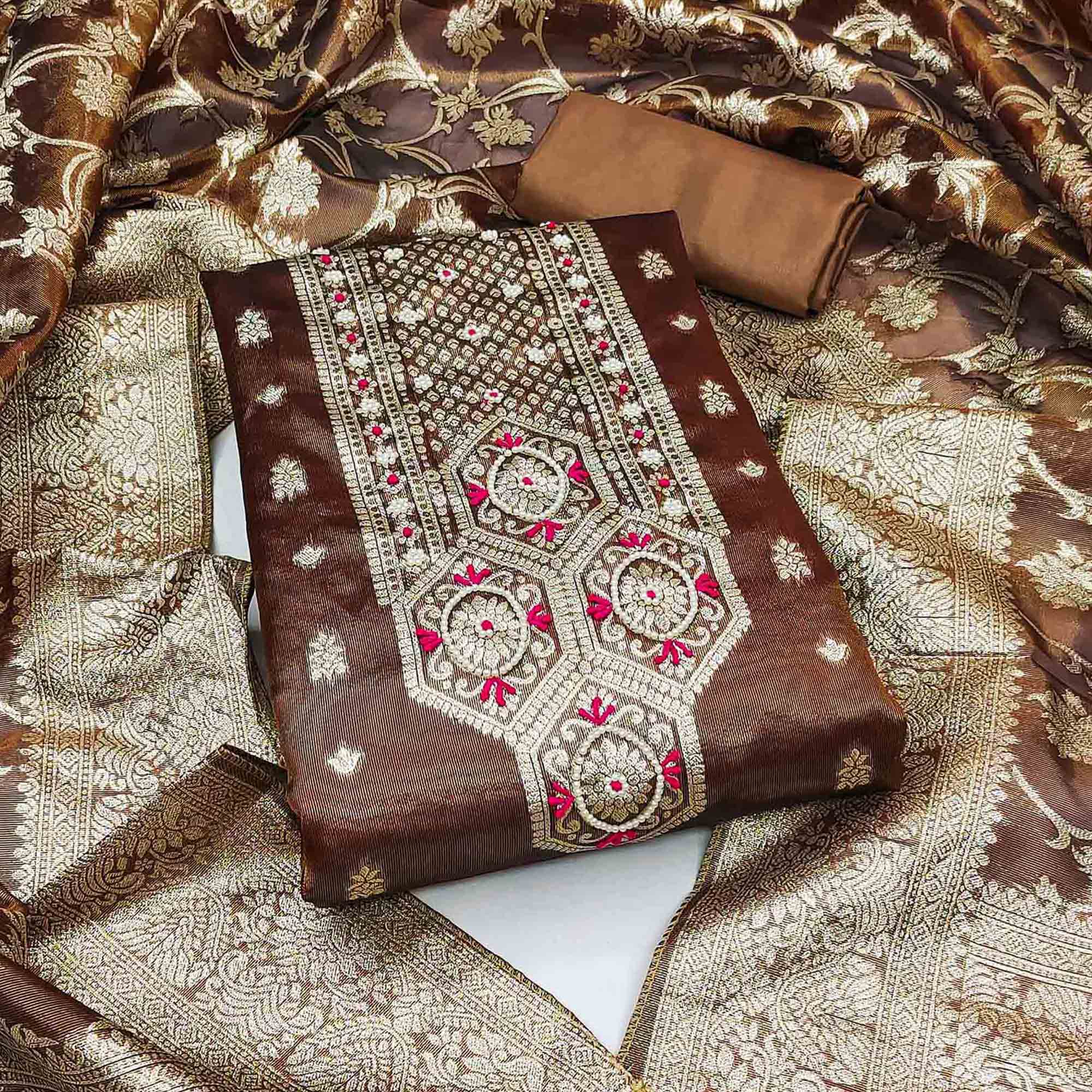 Brown Woven Banarasi Silk Dress Material