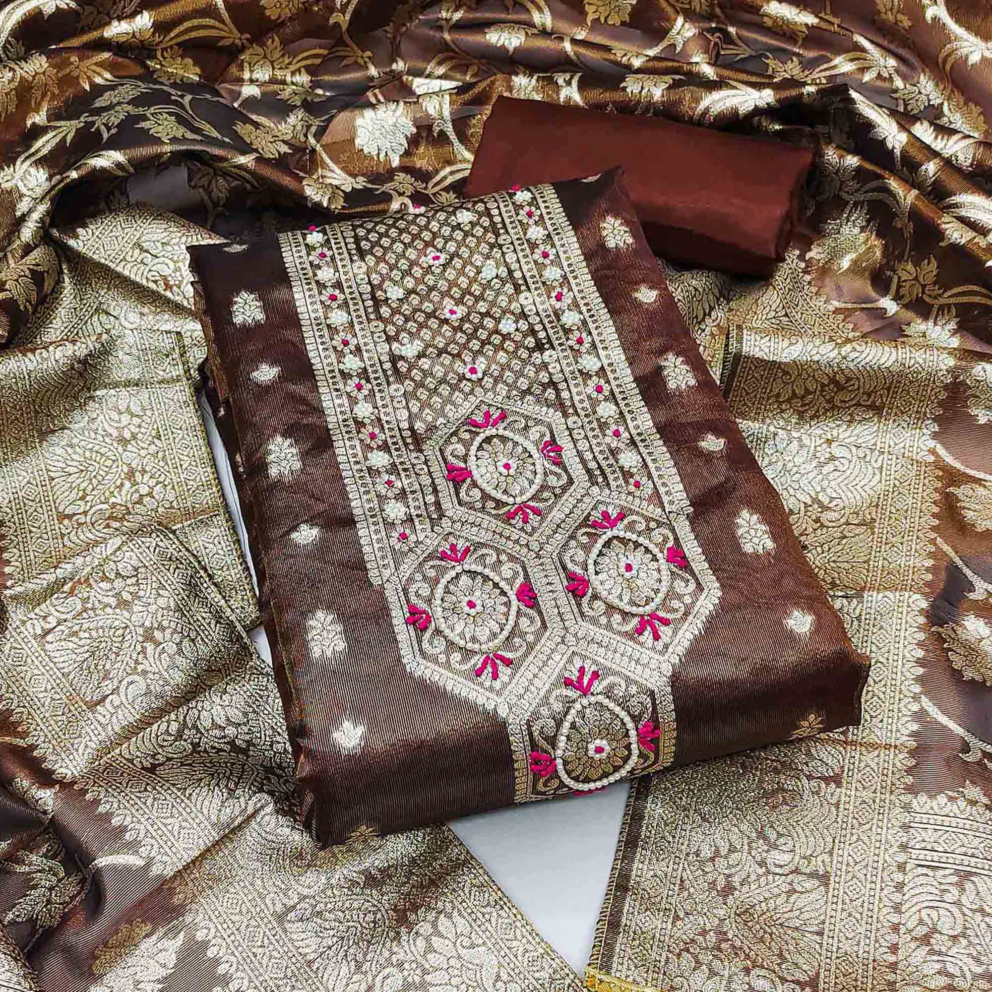 Dark Brown Woven Banarasi Silk Dress Material