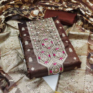 Dark Brown Woven Banarasi Silk Dress Material
