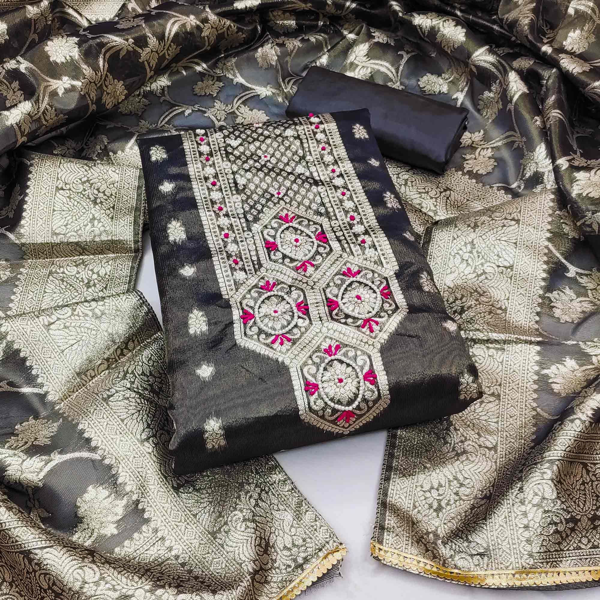 Grey Woven Banarasi Silk Dress Material