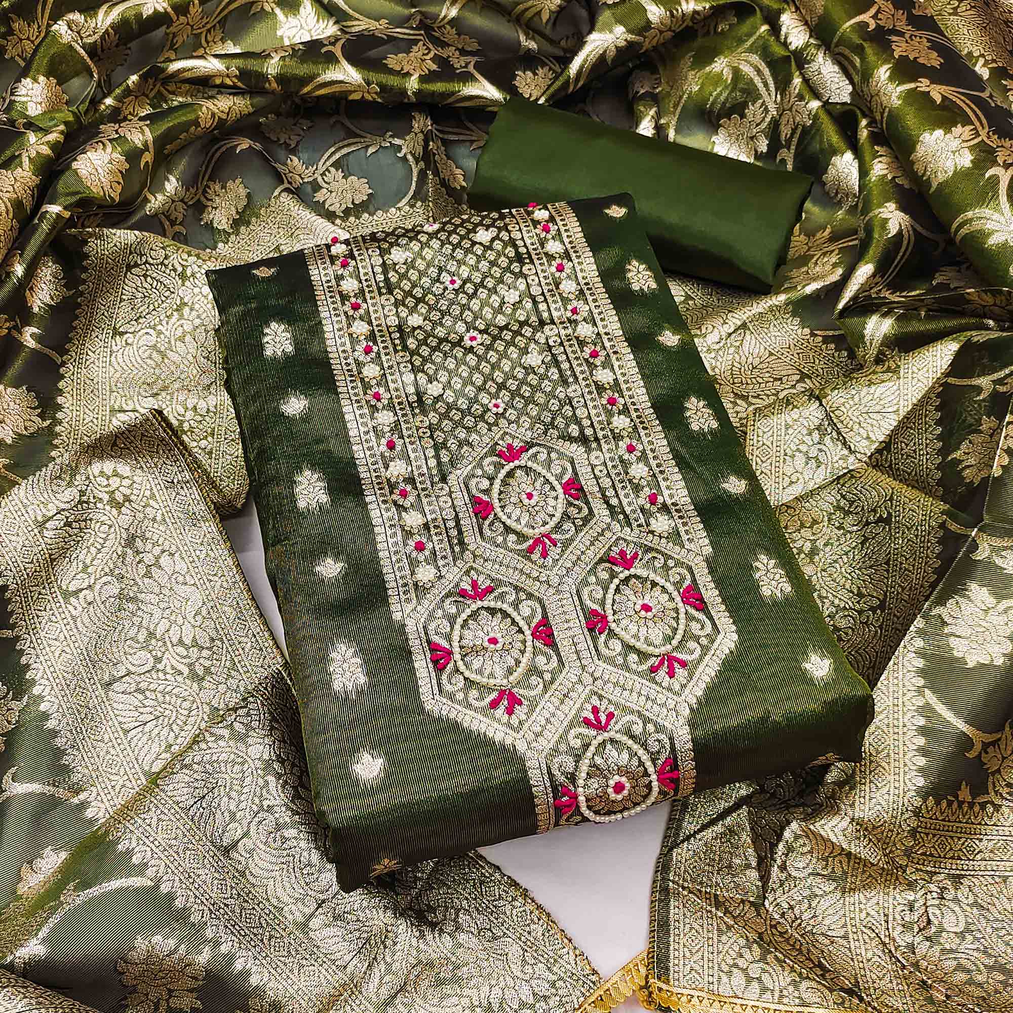 Mehandi Green Woven Banarasi Silk Dress Material