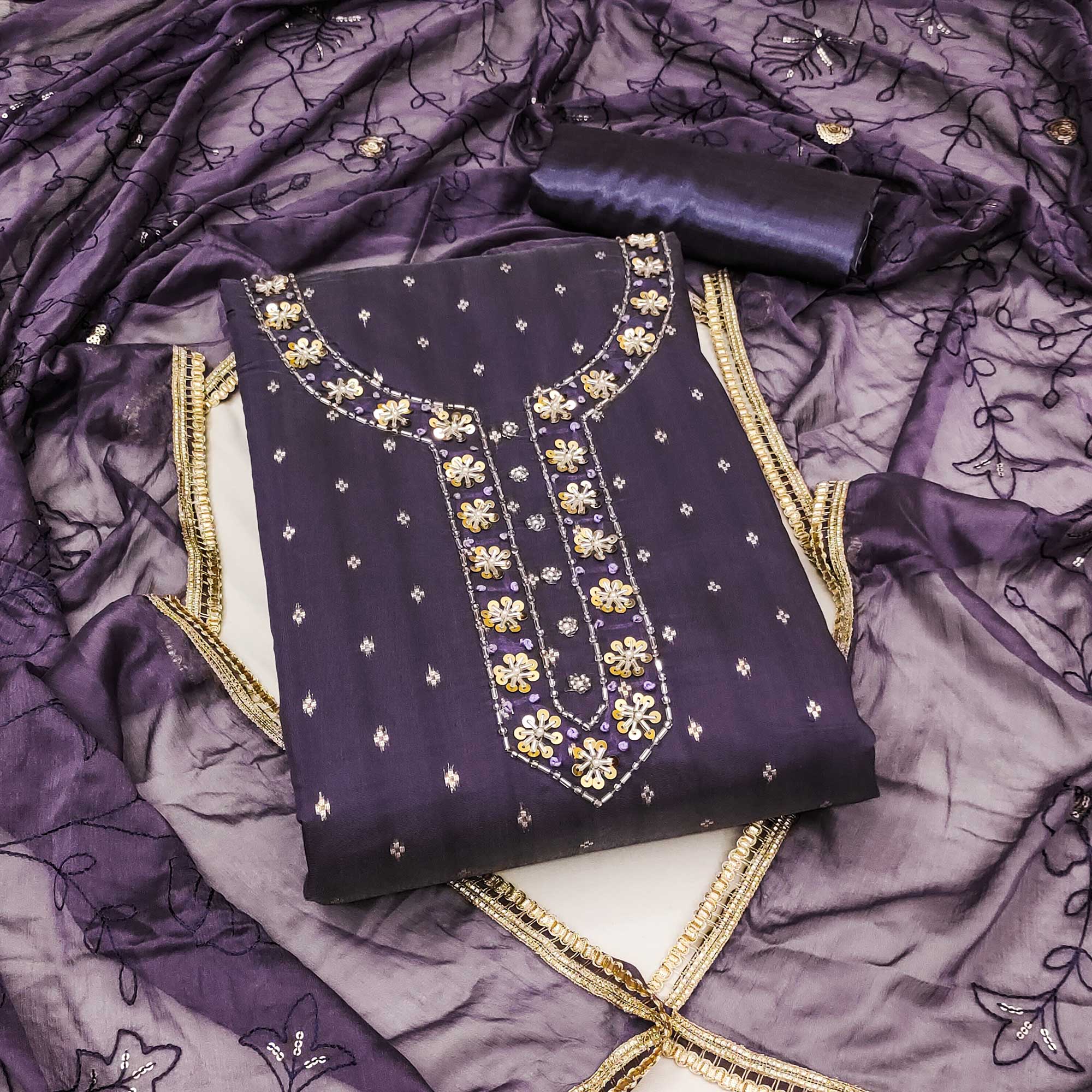Purple Woven Chanderi Silk Dress Material