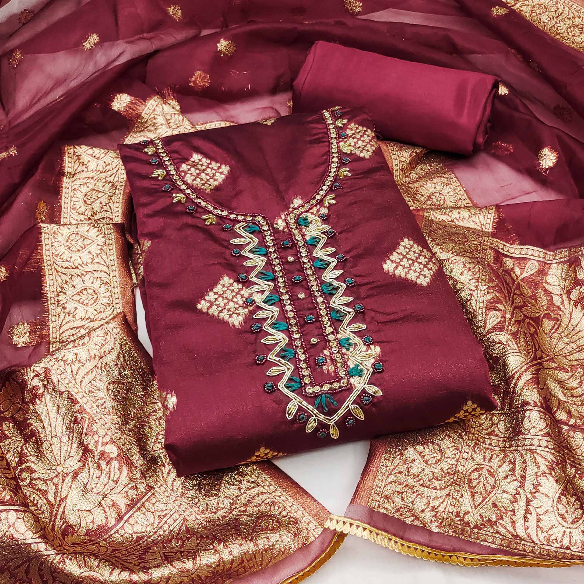 Maroon Woven Banarasi Silk Dress Material