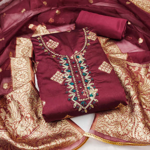 Maroon Woven Banarasi Silk Dress Material