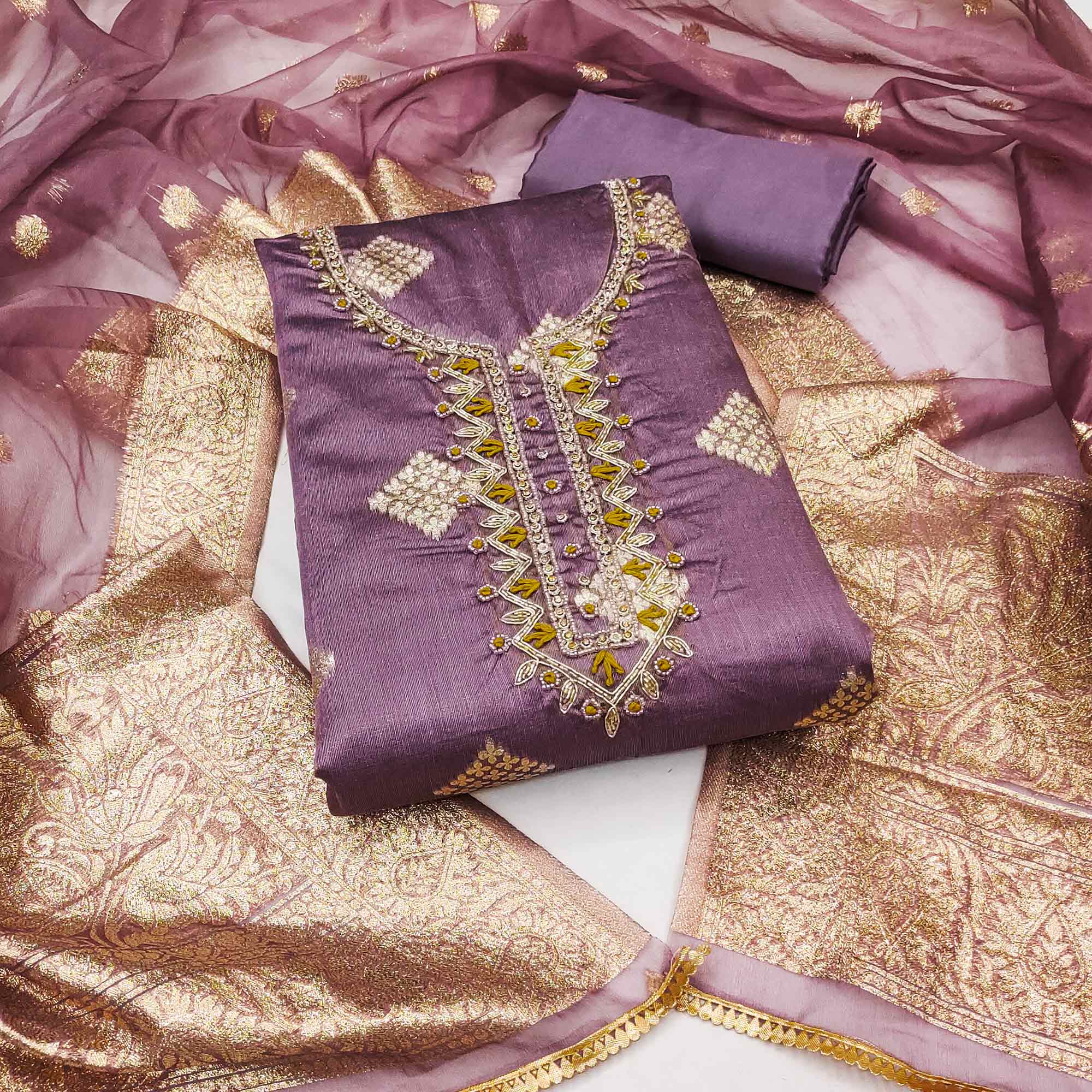 Purple Woven Banarasi Silk Dress Material