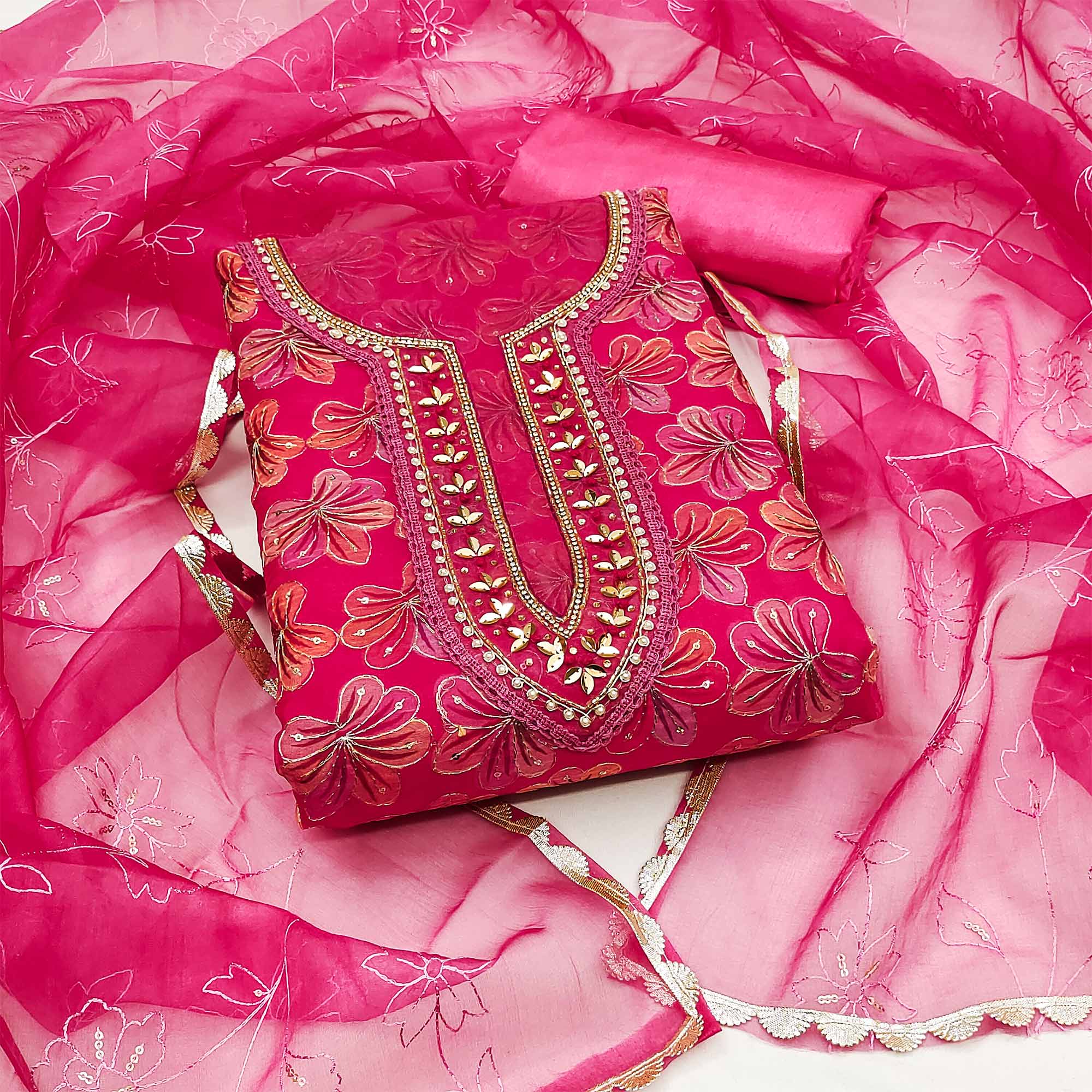 Pink Sequins Embroidered Organza Dress Material
