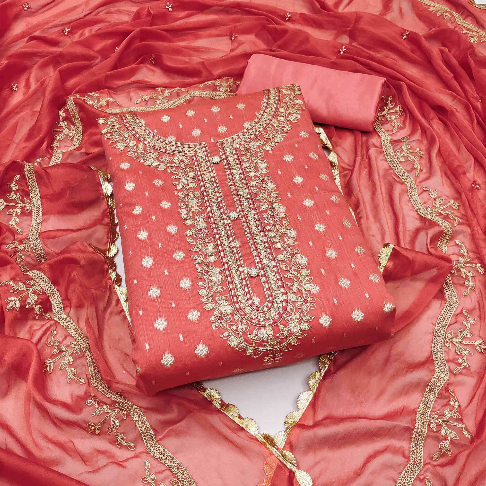 Gajri Pink Woven Chanderi Silk Dress Material
