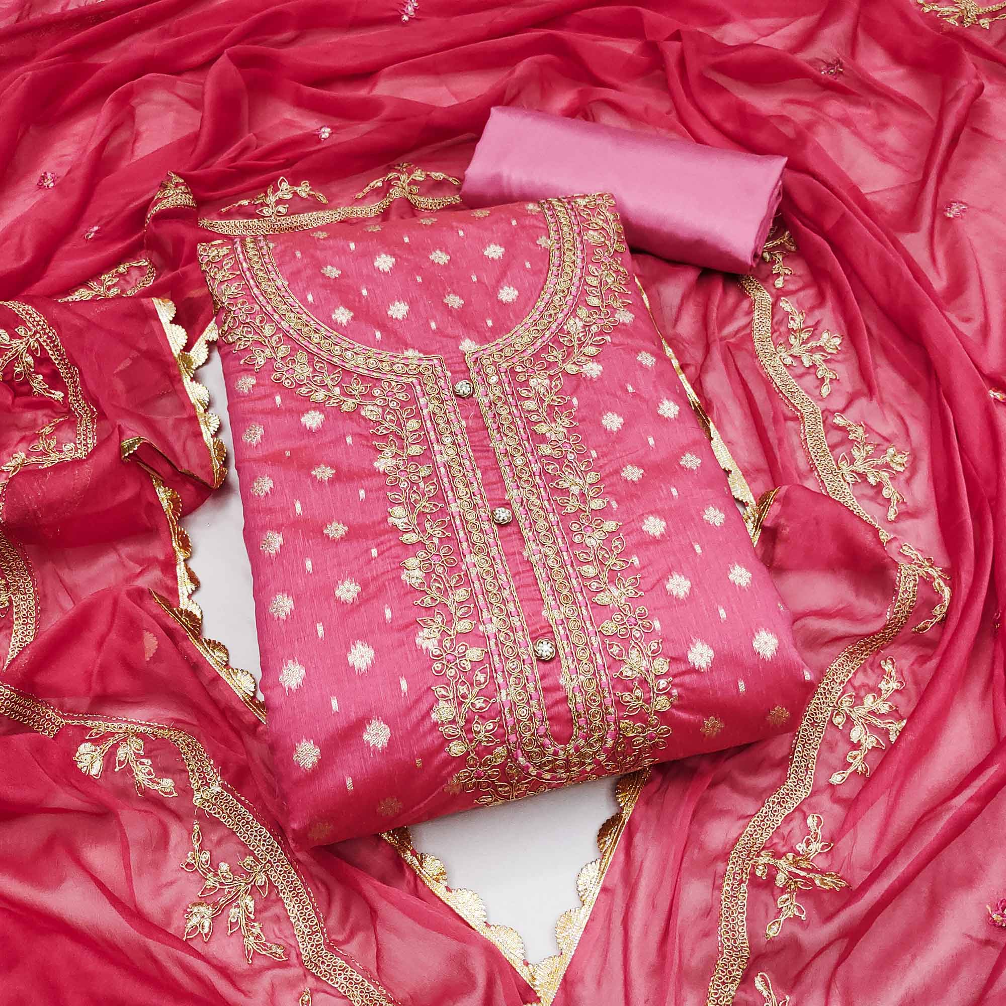 Pink Woven Chanderi Silk Dress Material