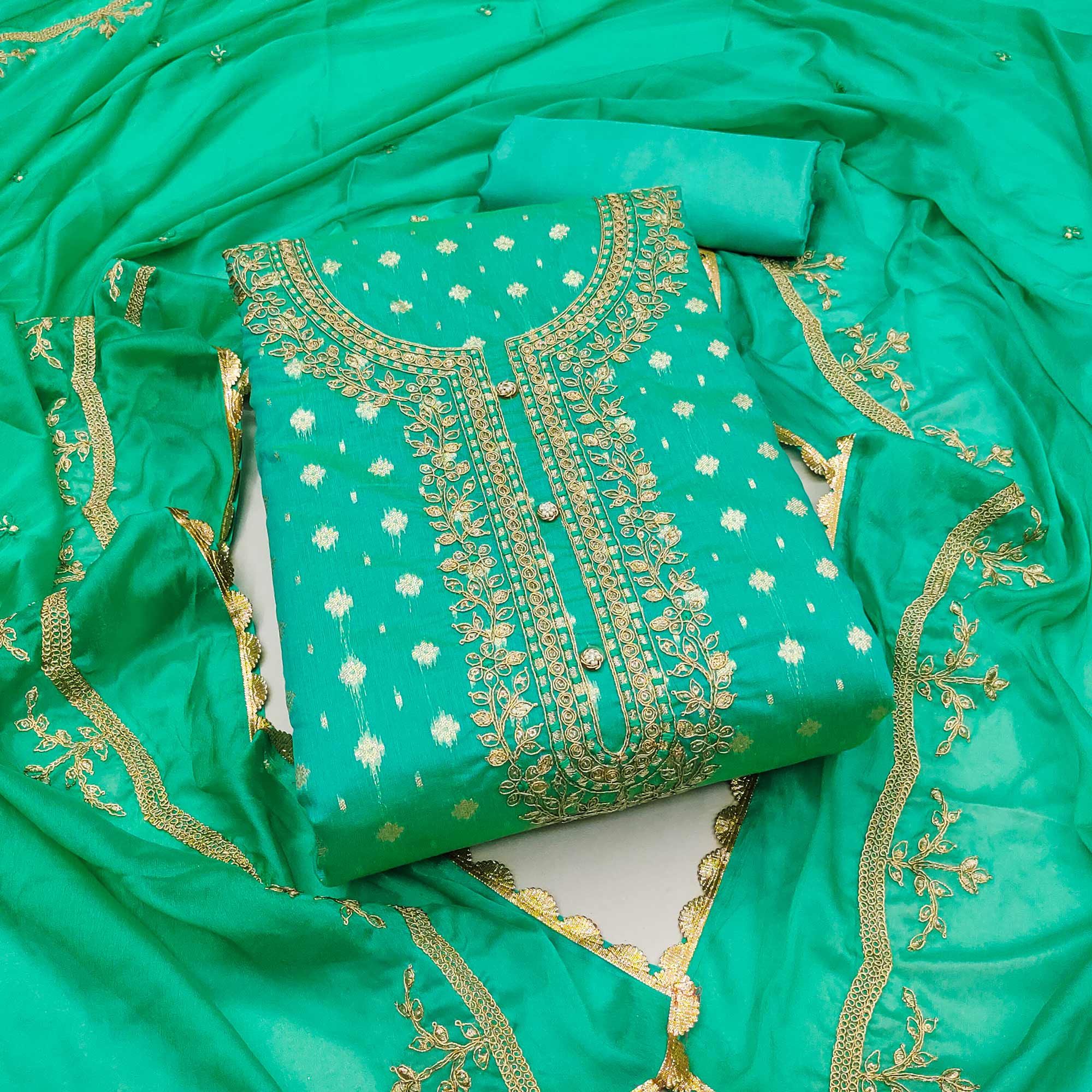 Turquoise Woven Chanderi Silk Dress Material