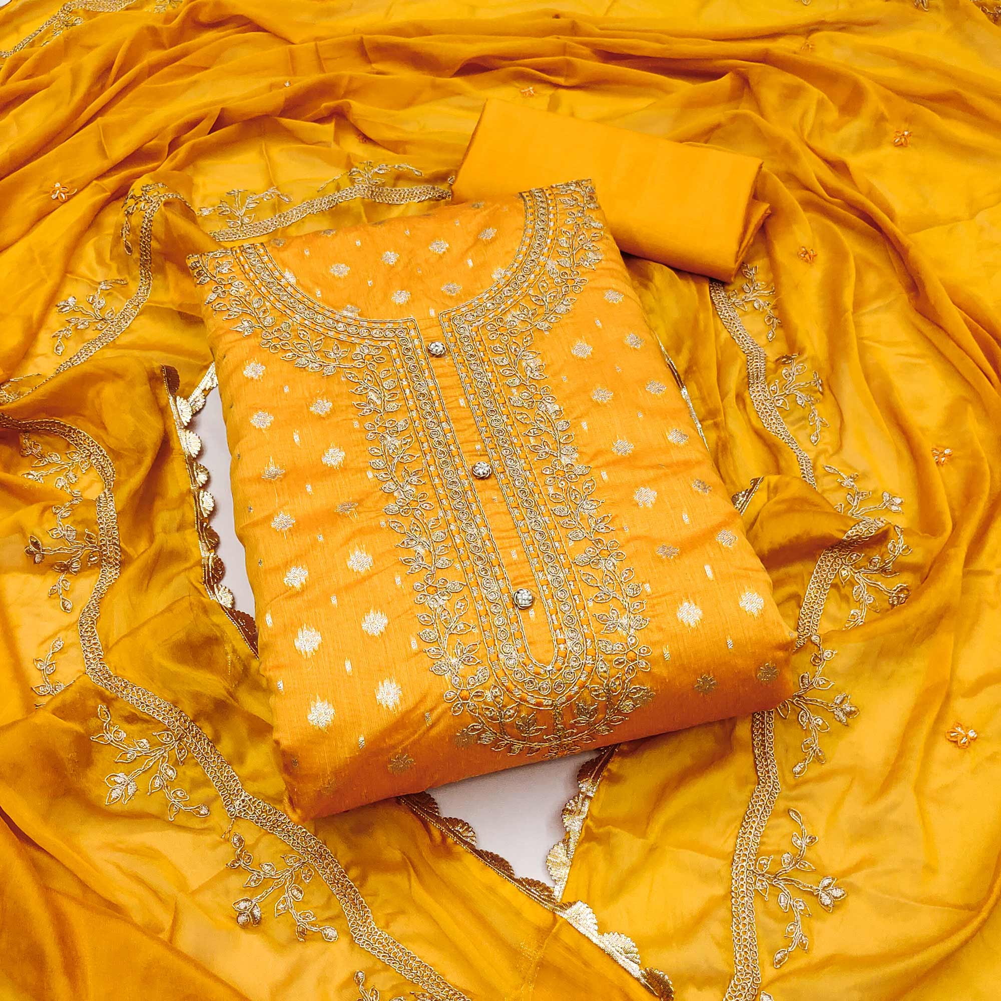 Yellow Woven Chanderi Silk Dress Material