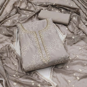 Grey Embroidered Cotton Blend Dress Material