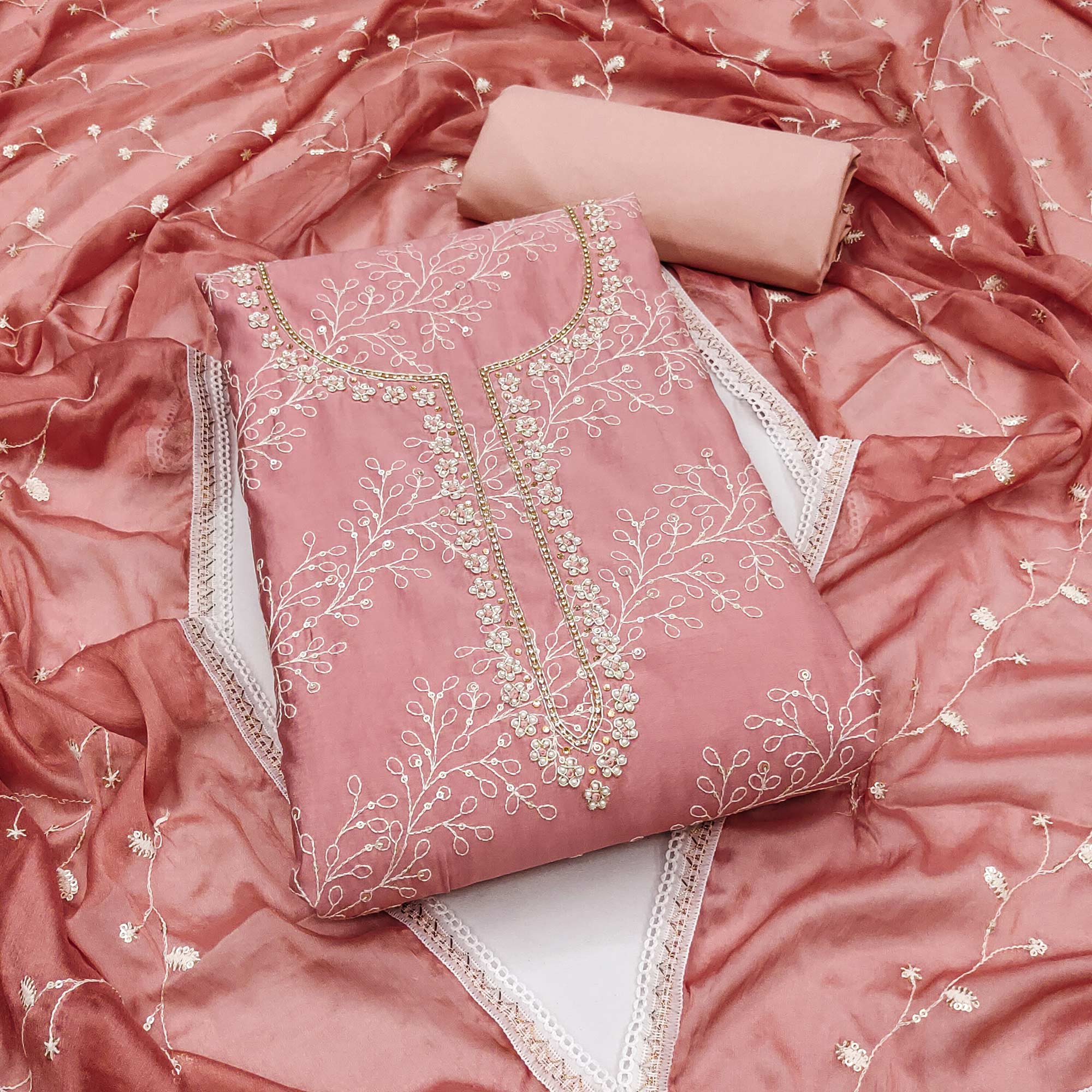 Mauve Embroidered Cotton Blend Dress Material