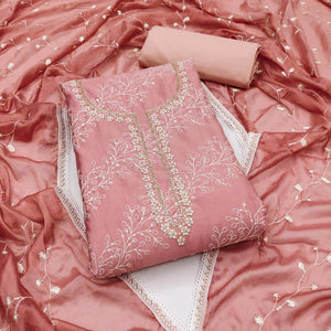 Mauve Embroidered Cotton Blend Dress Material