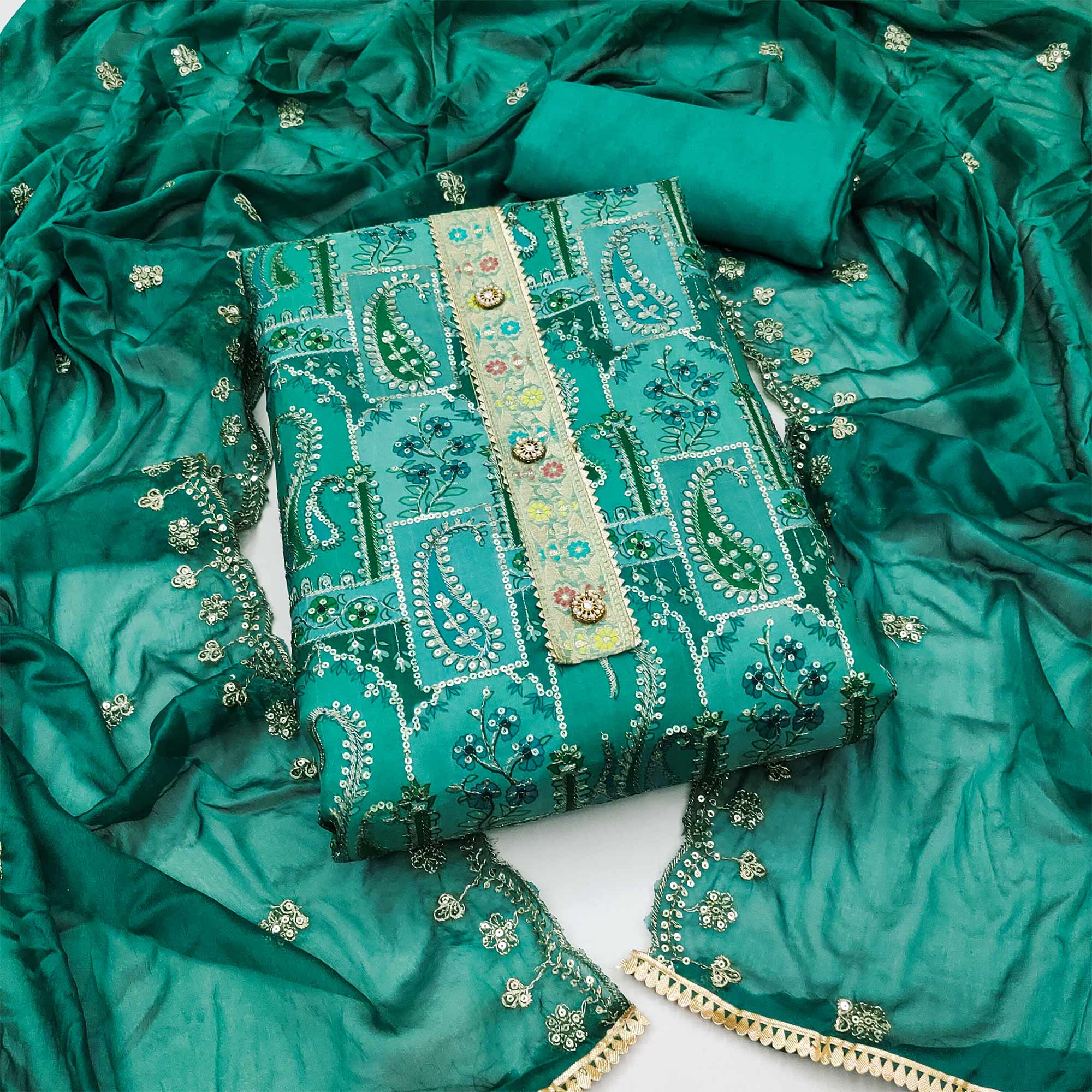 Rama Green Floral Embroidered With Printed Organza Dress Material