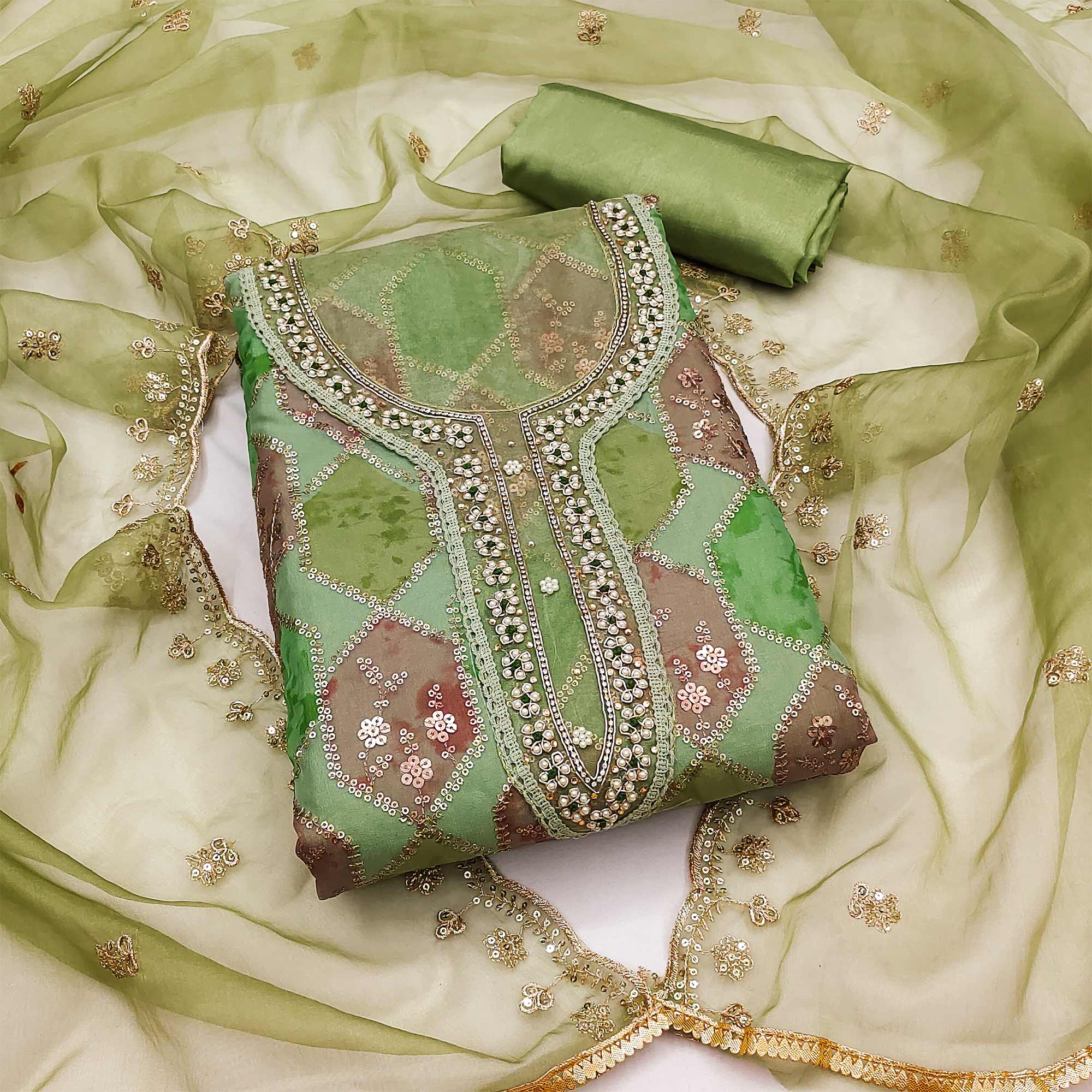 Green Sequins Embroidered With Handwork Organza Dress Material