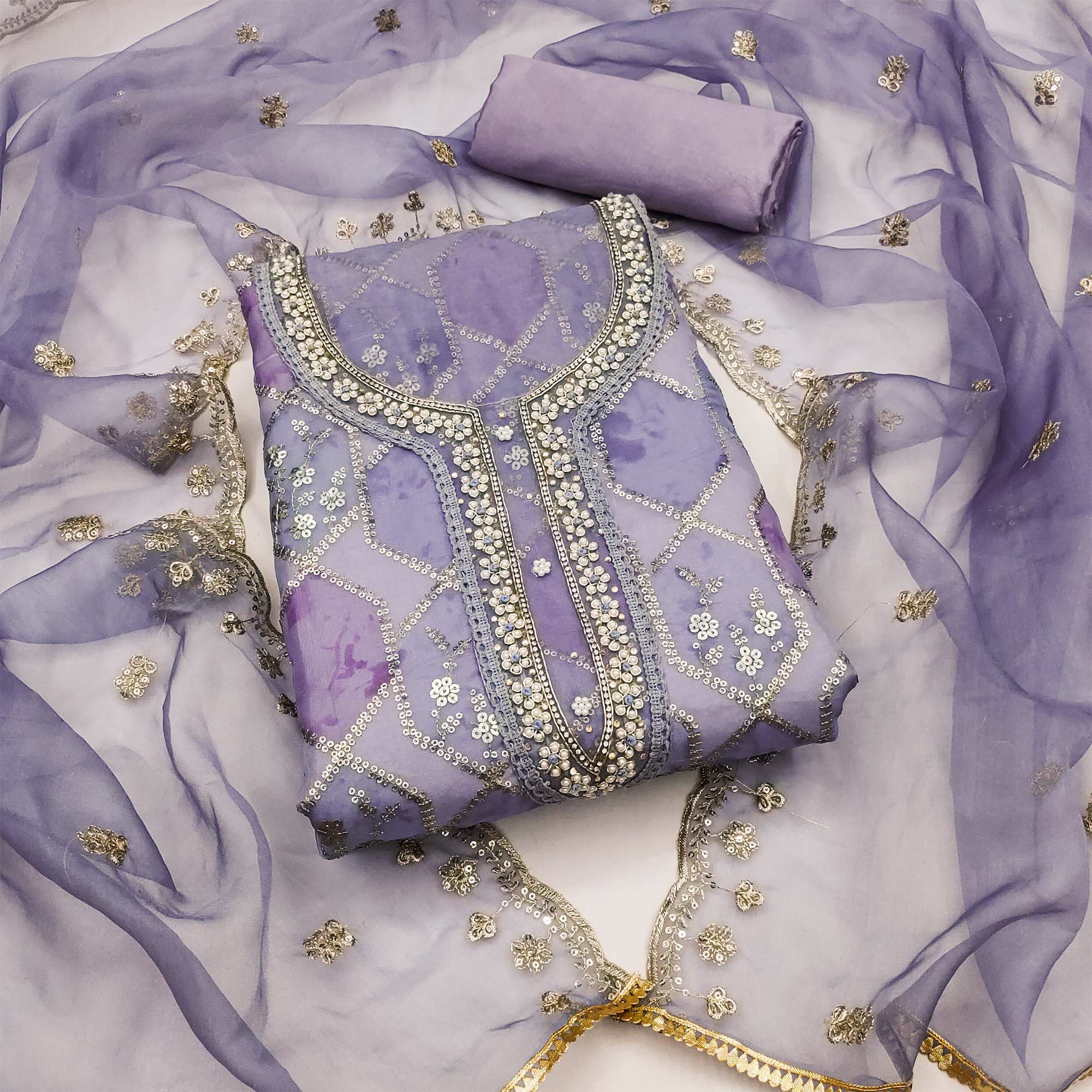 Lavender Sequins Embroidered With Handwork Organza Dress Material