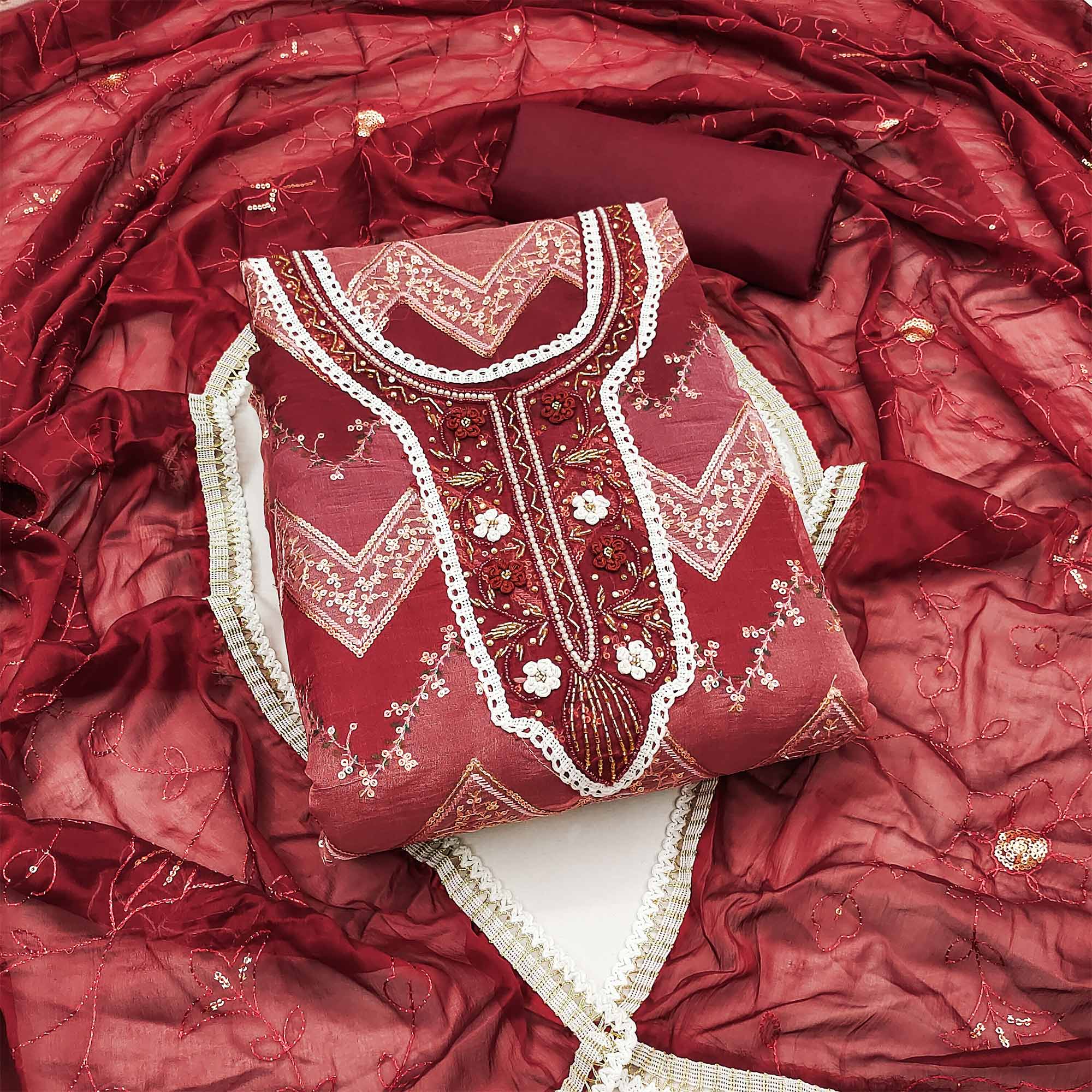 Maroon Sequins Embroidered With Handwork Organza Dress Material