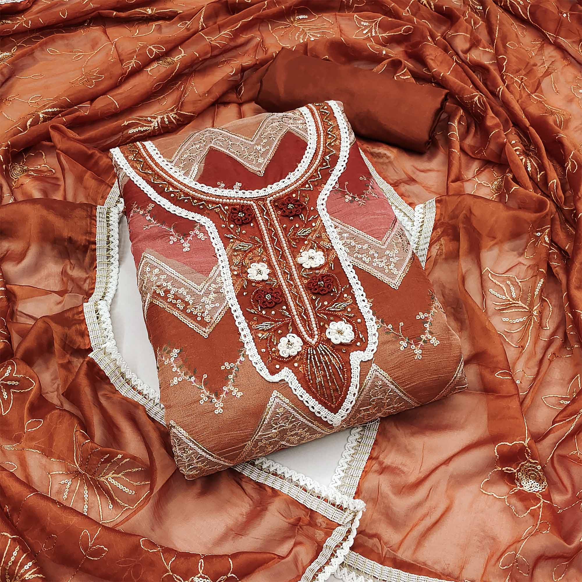 Rust Sequins Embroidered With Handwork Organza Dress Material