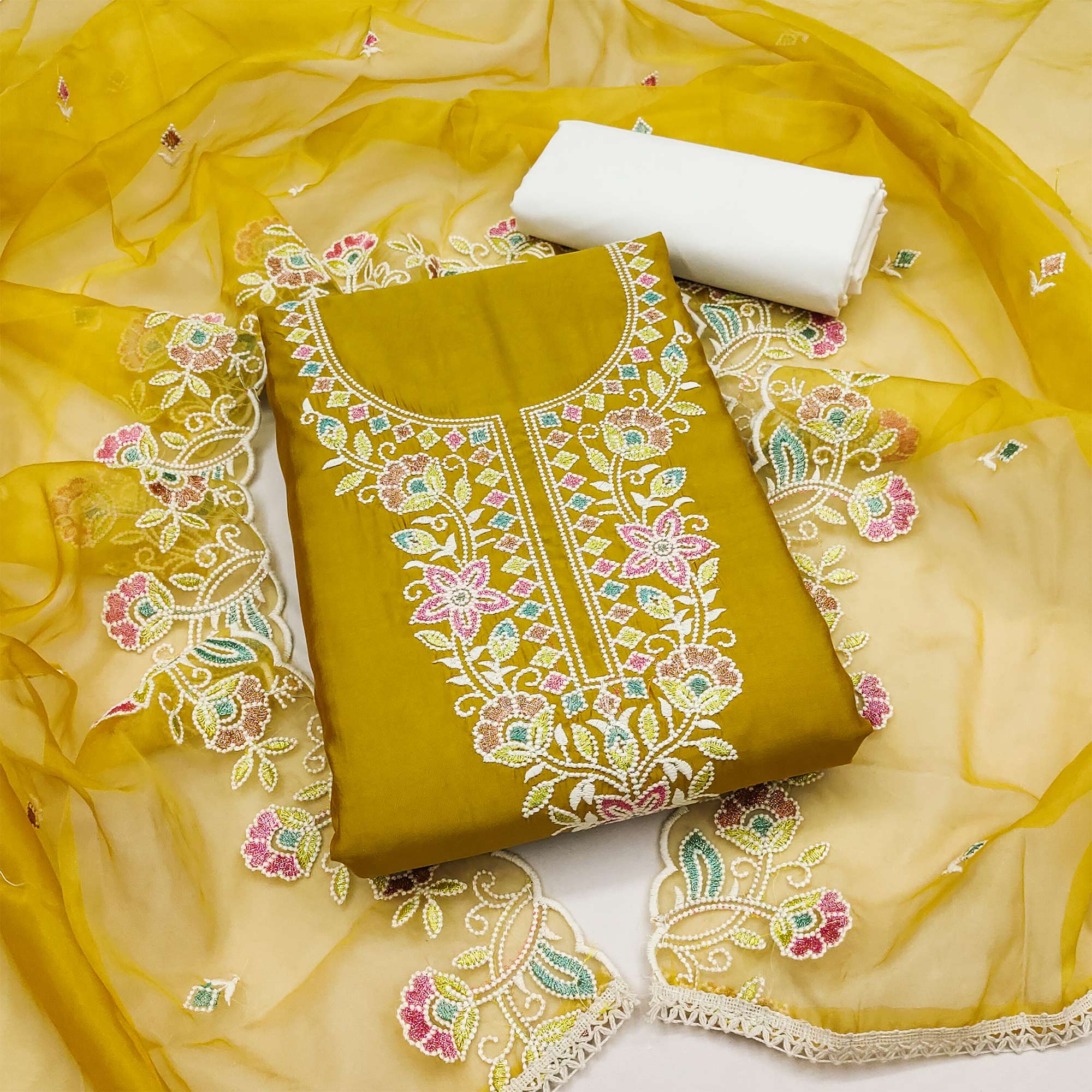 Mustard Floral Embroidered Cotton Silk Dress Material