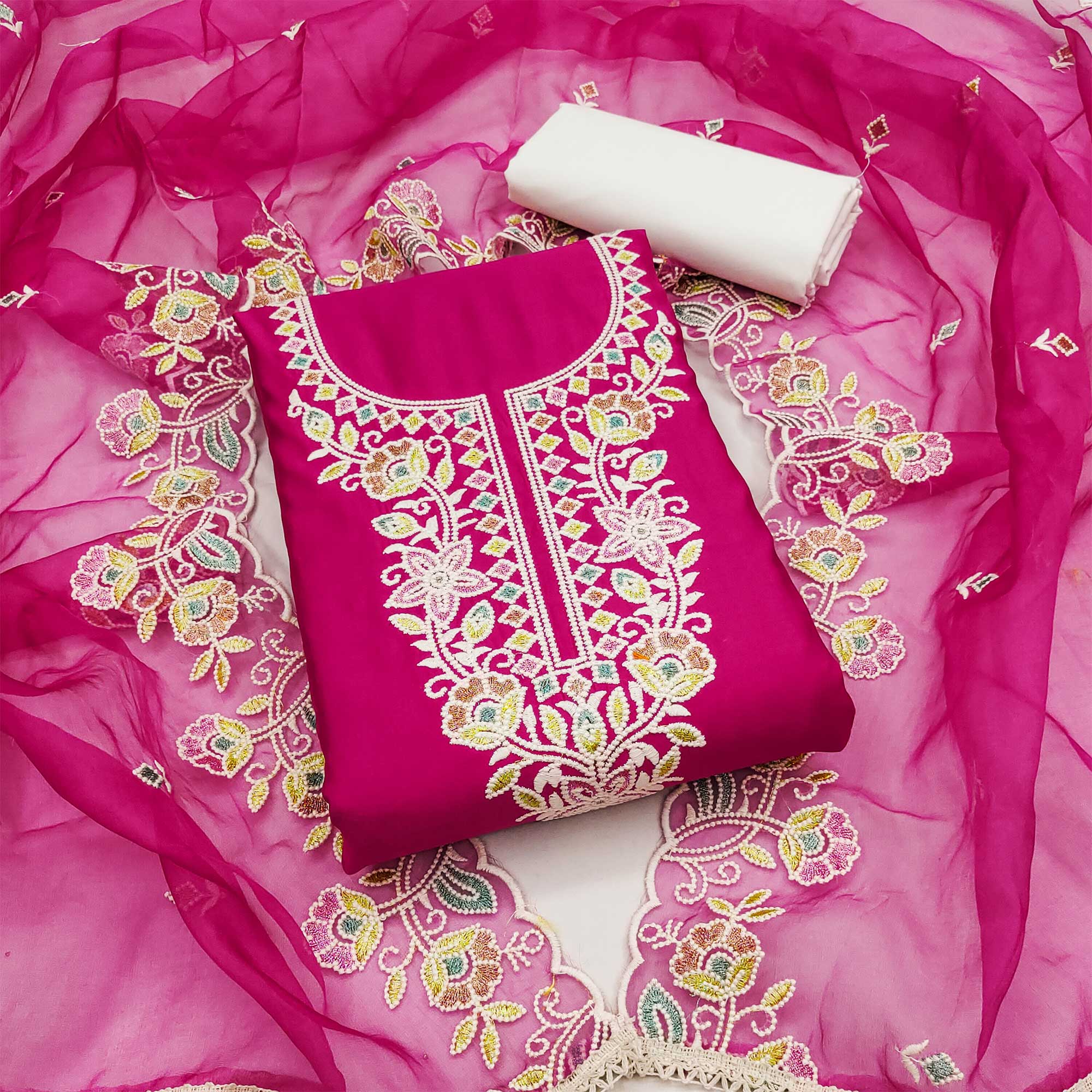 Pink Floral Embroidered Cotton Silk Dress Material