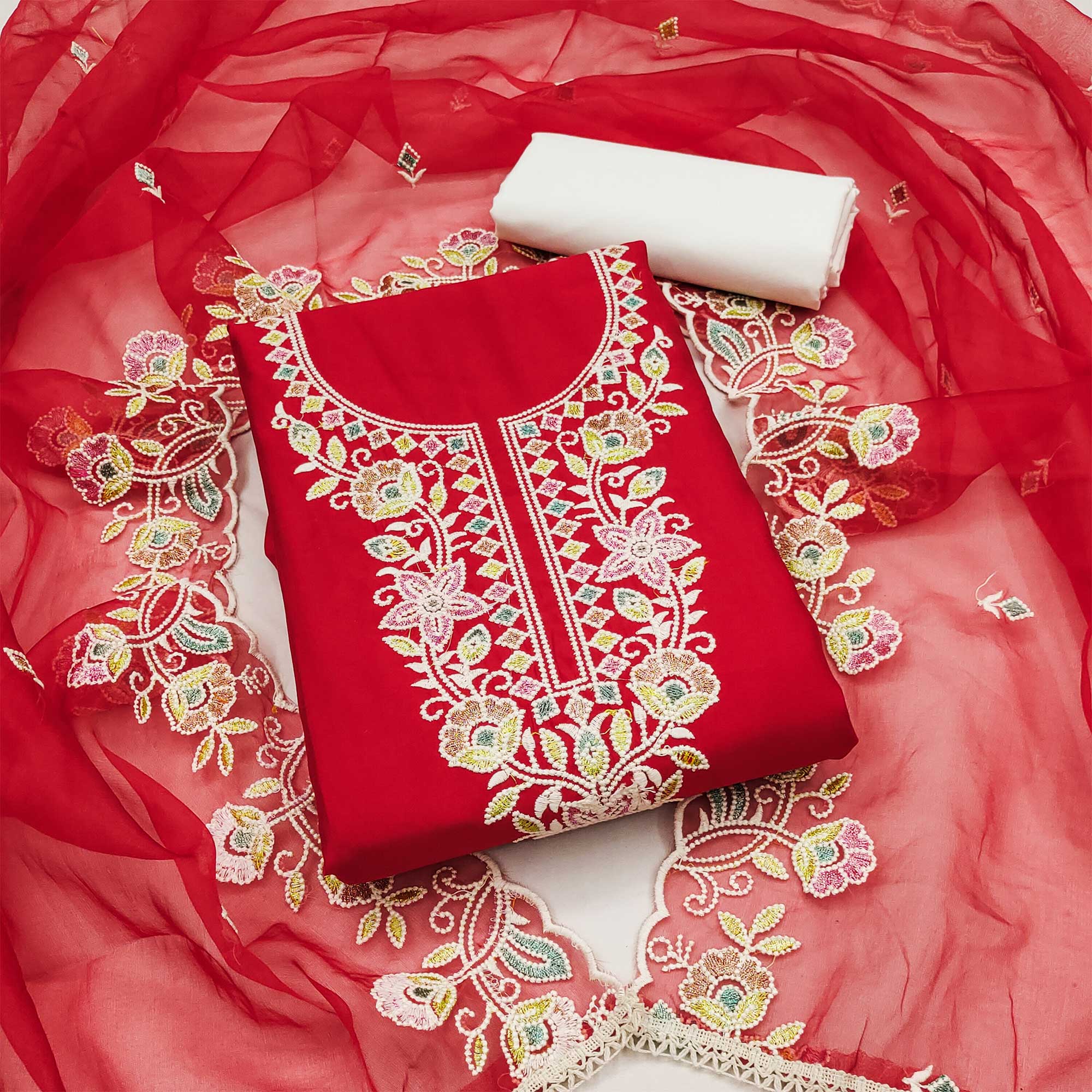 Red Floral Embroidered Cotton Silk Dress Material