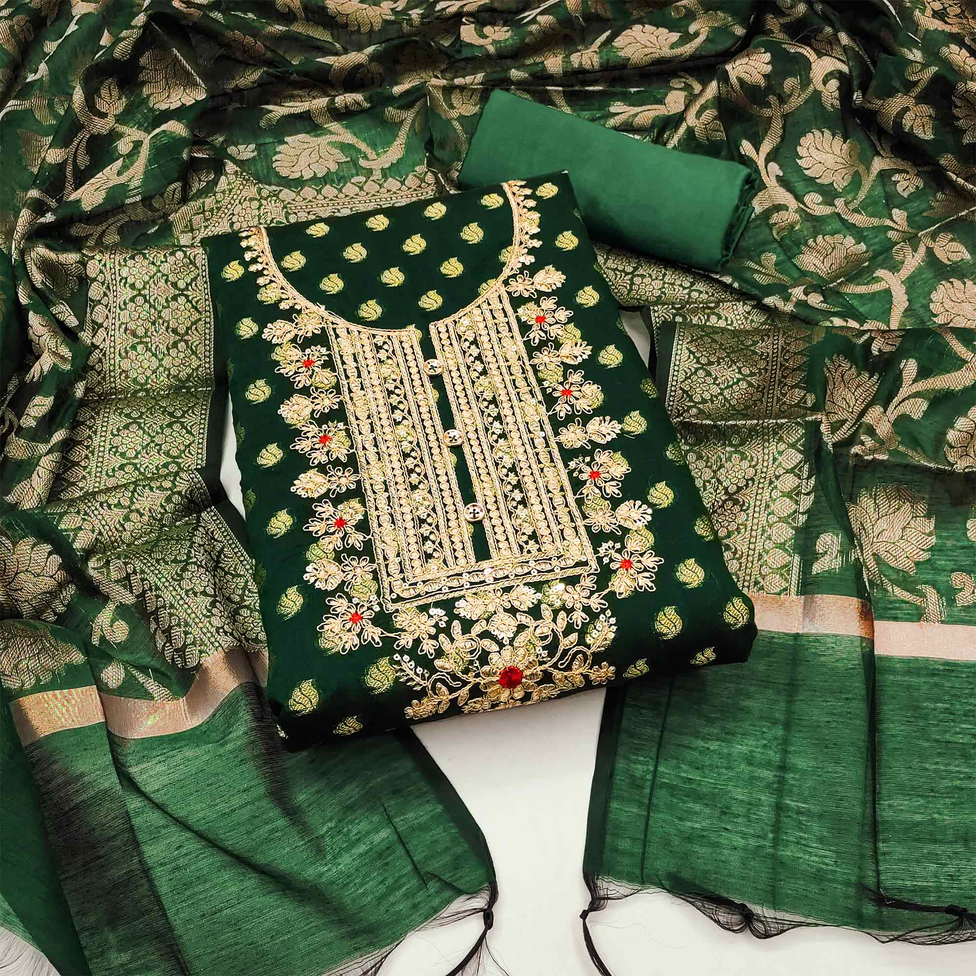 Green Woven With Embroidered Banarasi Silk Dress Material