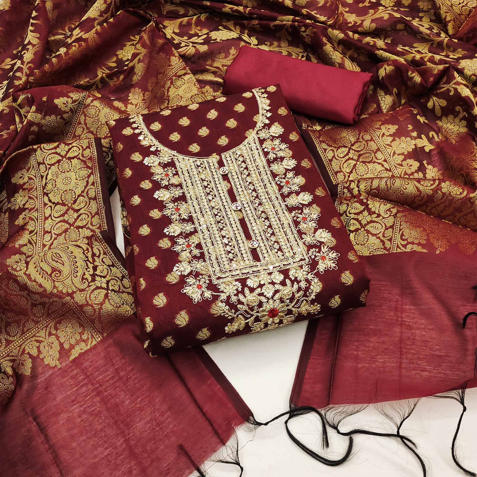 Maroon Woven With Embroidered Banarasi Silk Dress Material