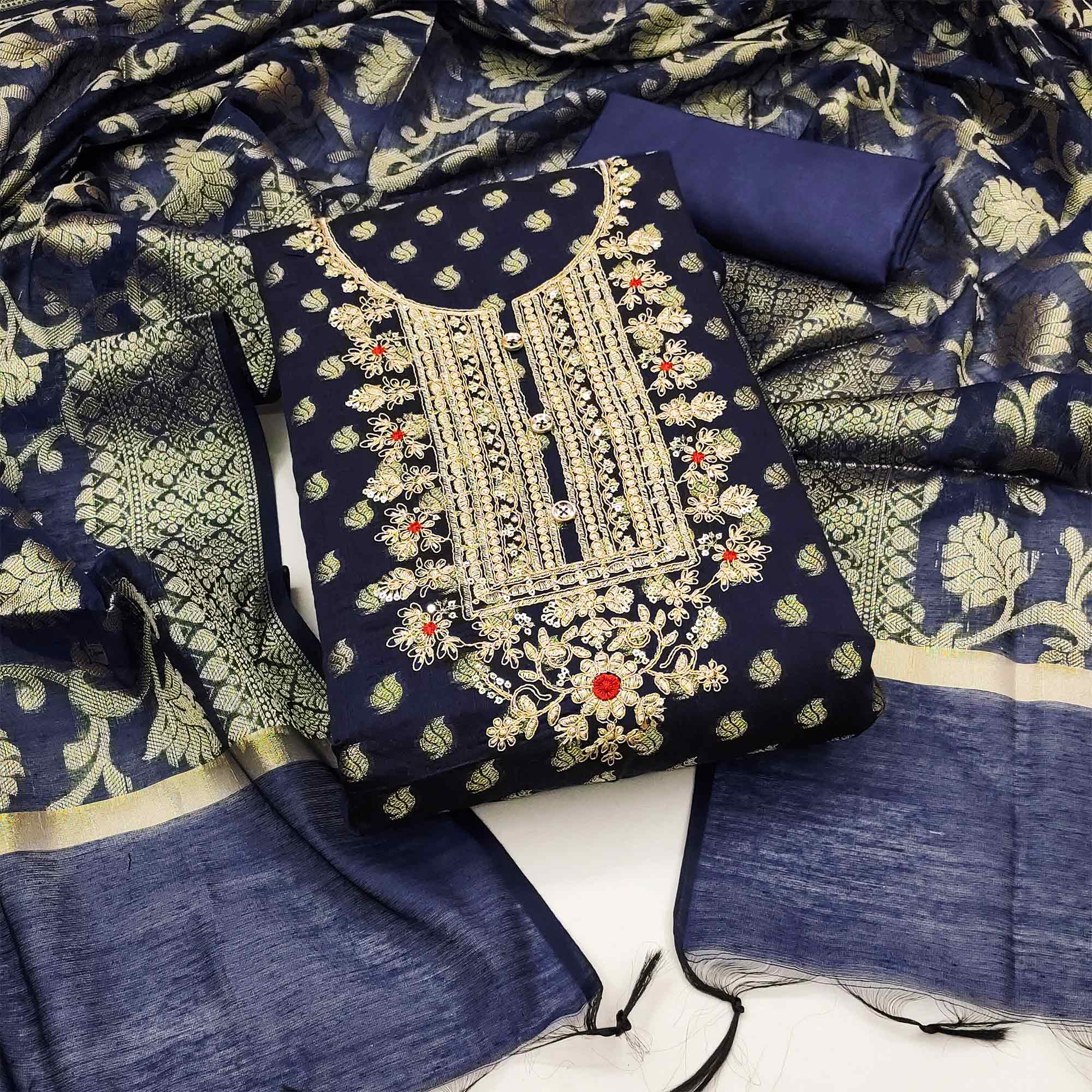 Navy Blue Woven With Embroidered Banarasi Silk Dress Material