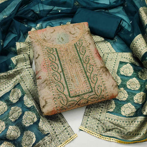 Beige Floral Digital Printed With Embroidery Viscose Dress Material