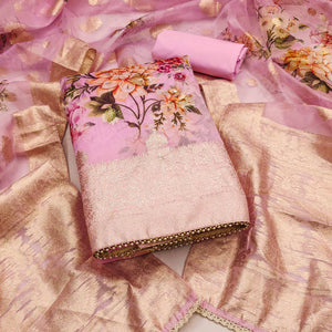 Pink Woven With Digital Printed Organza Dress Material