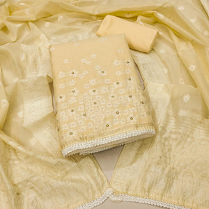 Light Yellow Floral Woven With Hand Embroidered Muslin Dress Material