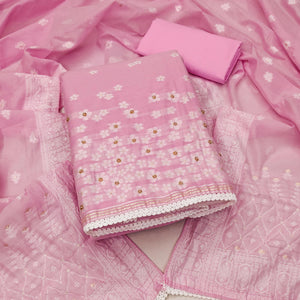 Pink Floral Woven With Hand Embroidered Muslin Dress Material