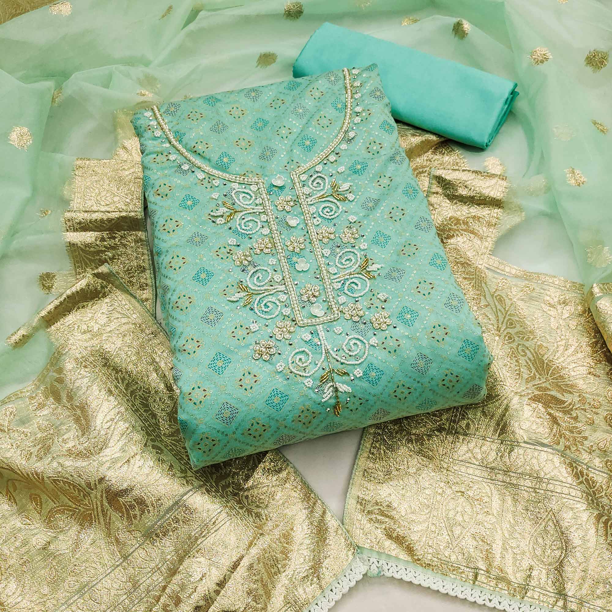 Turquoise Printed With Hand Embroidered Muslin Dress Material