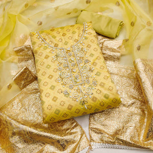 Yellow Printed With Hand Embroidered Muslin Dress Material