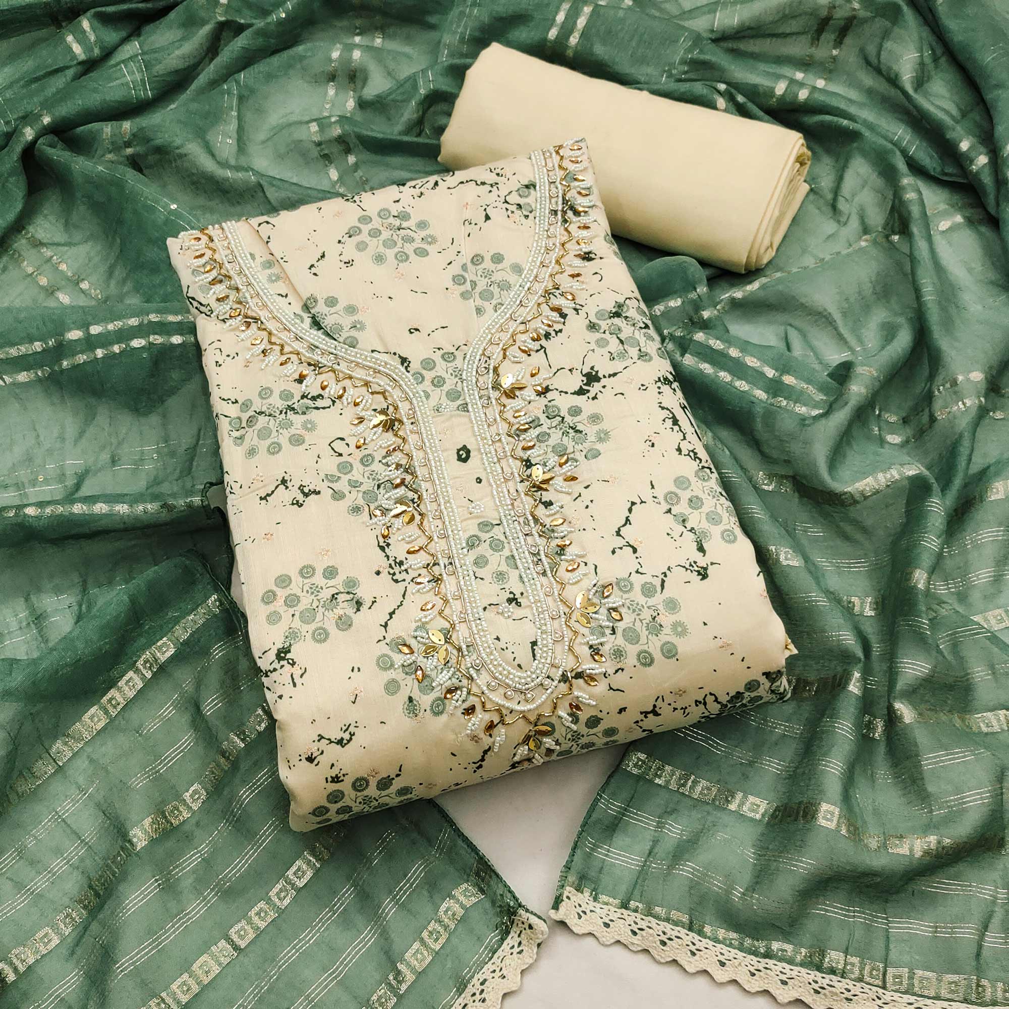 Cream & Green Digital Printed With Hand Embroidered Muslin Dress Material