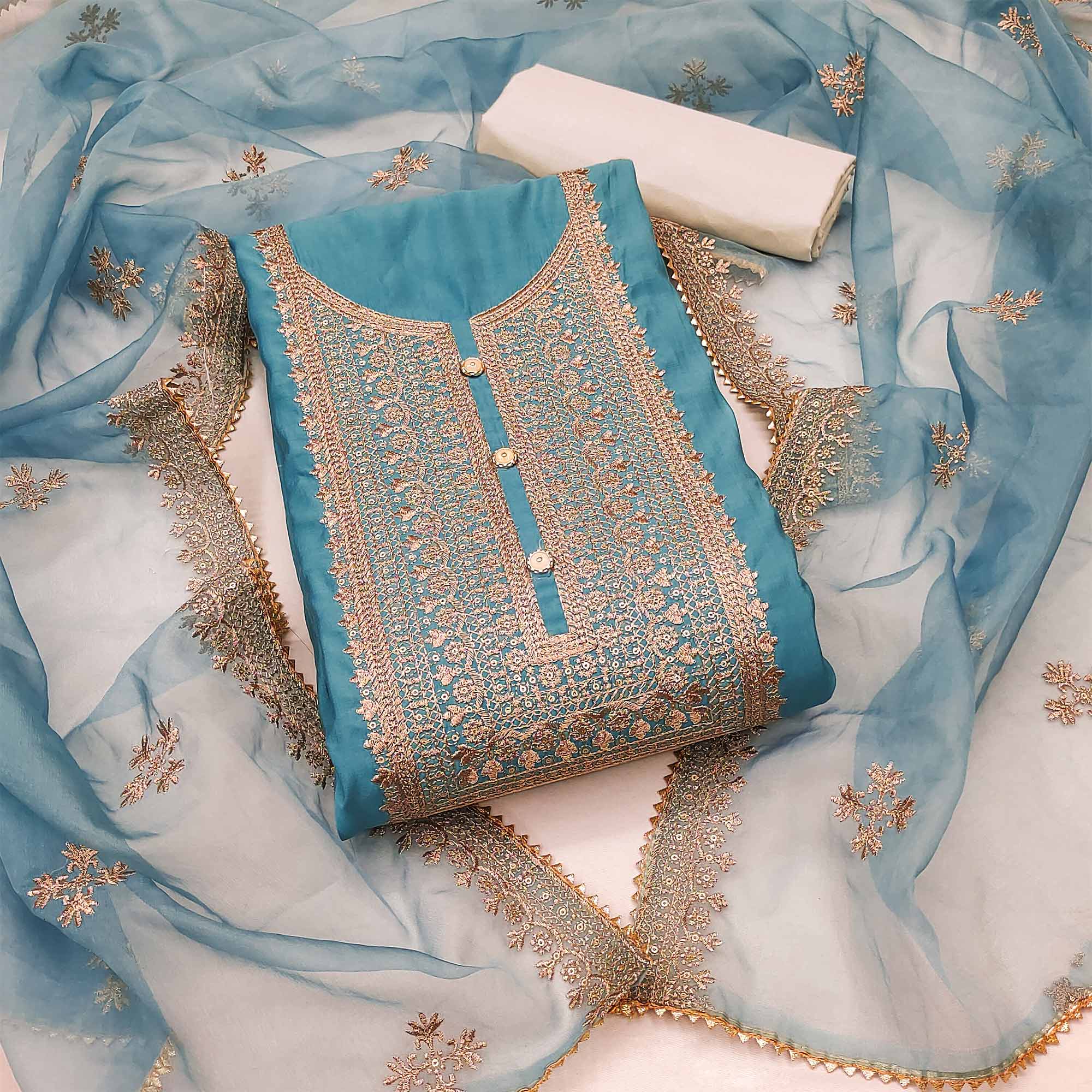 Blue Floral Embroidered Cotton Silk Dress Material