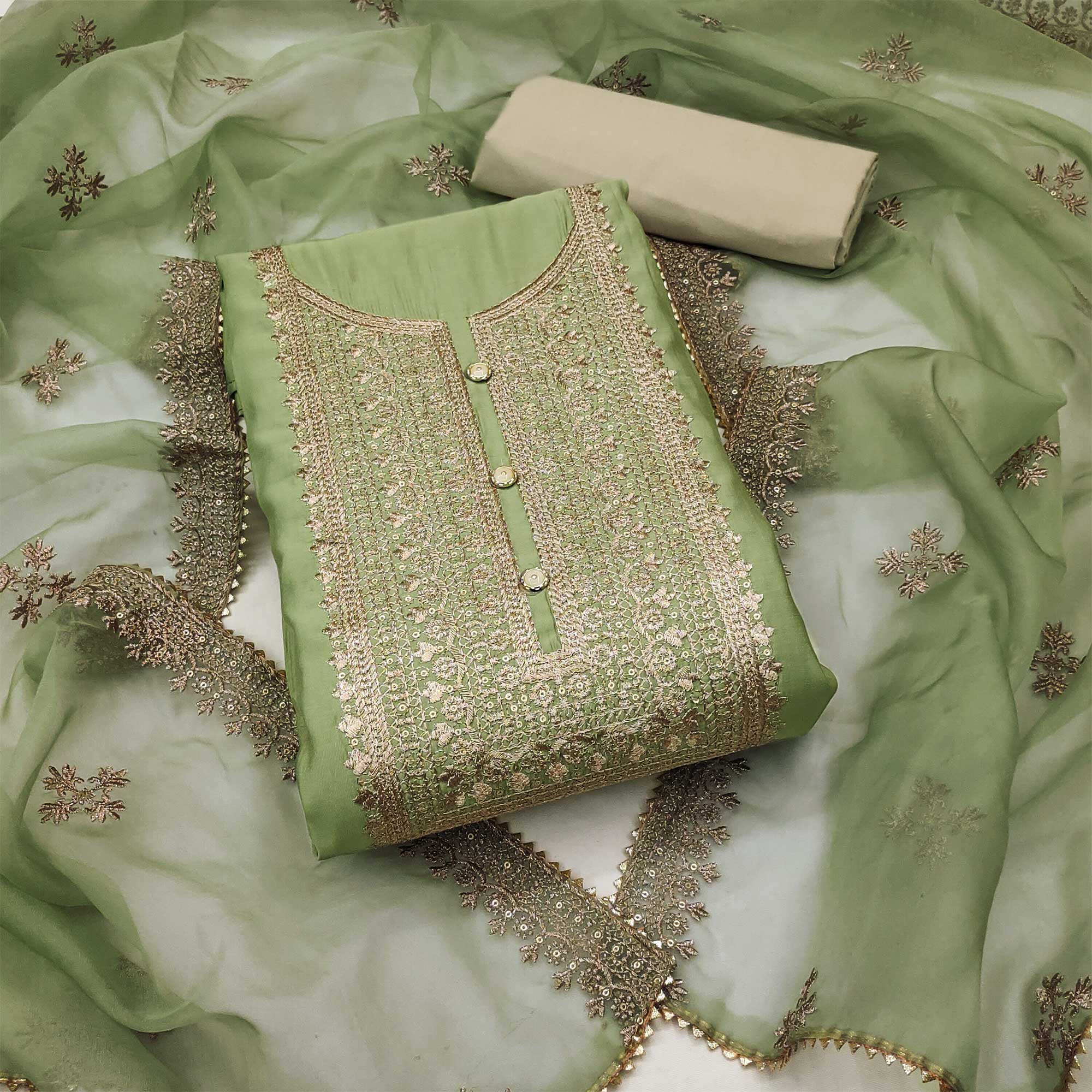 Green Floral Embroidered Cotton Silk Dress Material Green Floral Embroidered Cotton Silk Dress Material