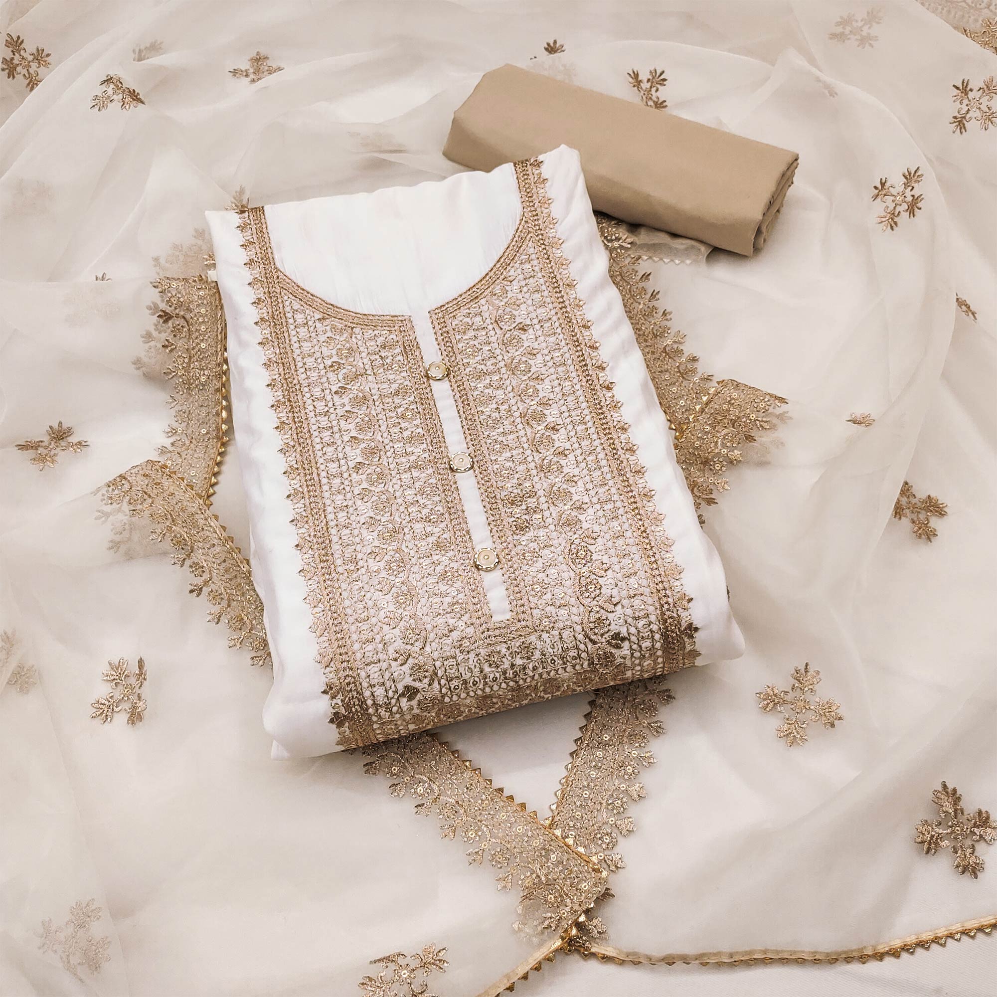 White Floral Embroidered Cotton Silk Dress Material White Floral Embroidered Cotton Silk Dress Material