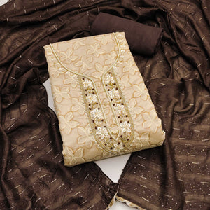 Beige Floral Printed With Hand Embroidery Chanderi Dress Material