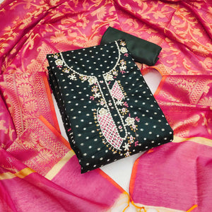 Bottle Green Woven With Hand Embroidery Chanderi Dress Material