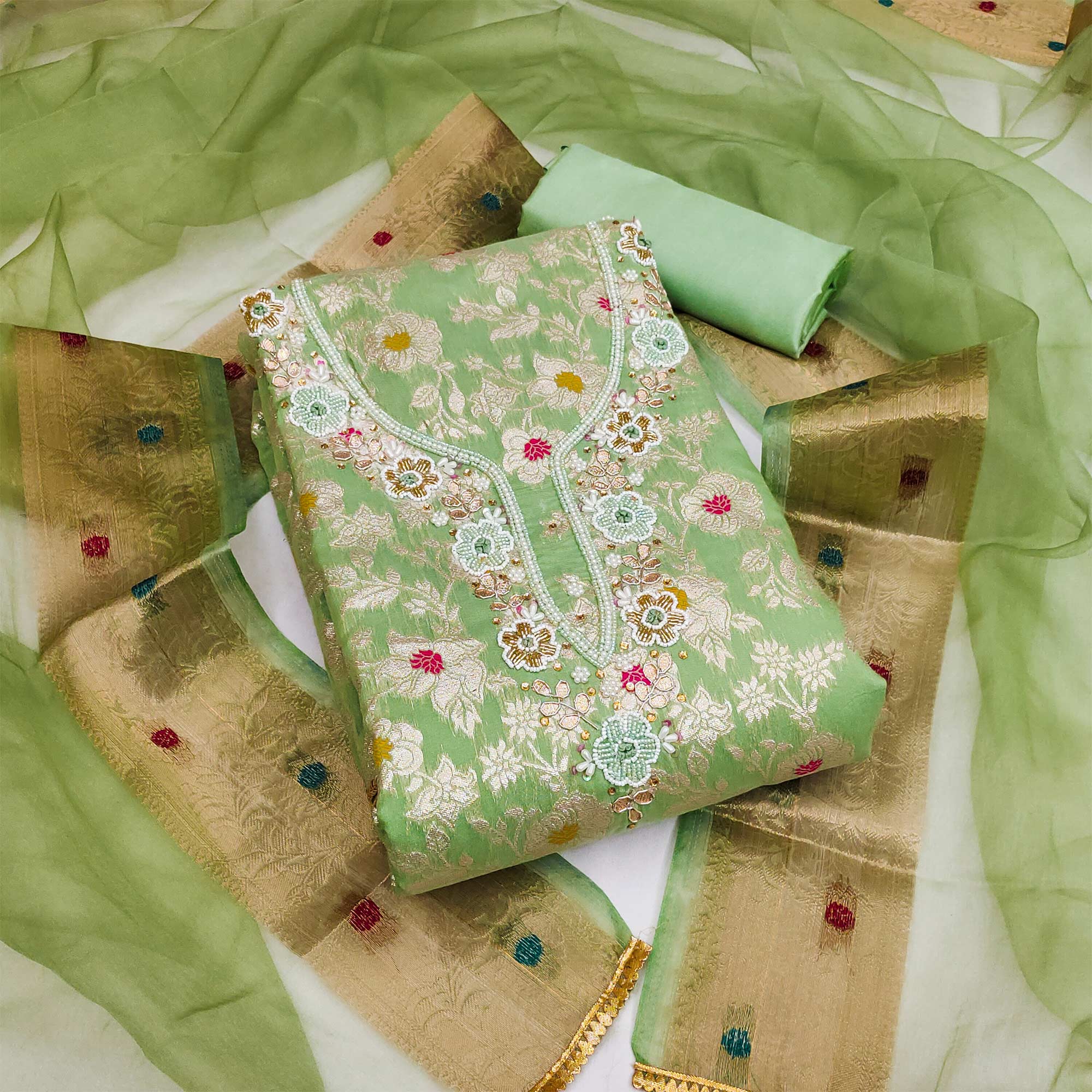 Green Floral Woven With Hand Embroidery Muslin Dress Material